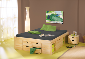 Holzbett, Bettrahmen, Schubladenbett, Grün, Matratze, Funktionsbett 140x200 cm