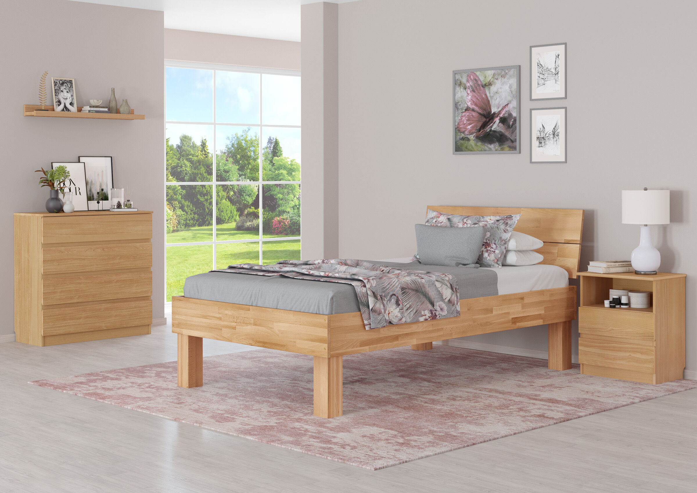 Holzbet, Doppelbett, Holz, Nachttisch, Wohnzimmer Schlafzimmer, Zimmerbild des Vollholzbettes 120x220