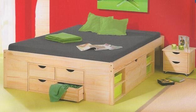 holzbettrahmen, bettkasten, bett mit schubladen, schubladenkasten, grifflos, Stauraumbett für Jugendlich Kiefer natur