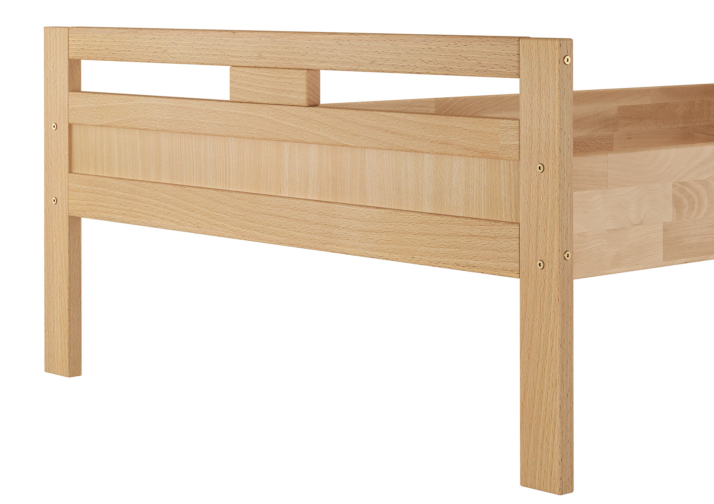 holzbettrahmen, holzbettrahmen-klassisch, natürliches-holz, holzlatten, stichdübel-verbindung, Fußteil aus Buche im Detail