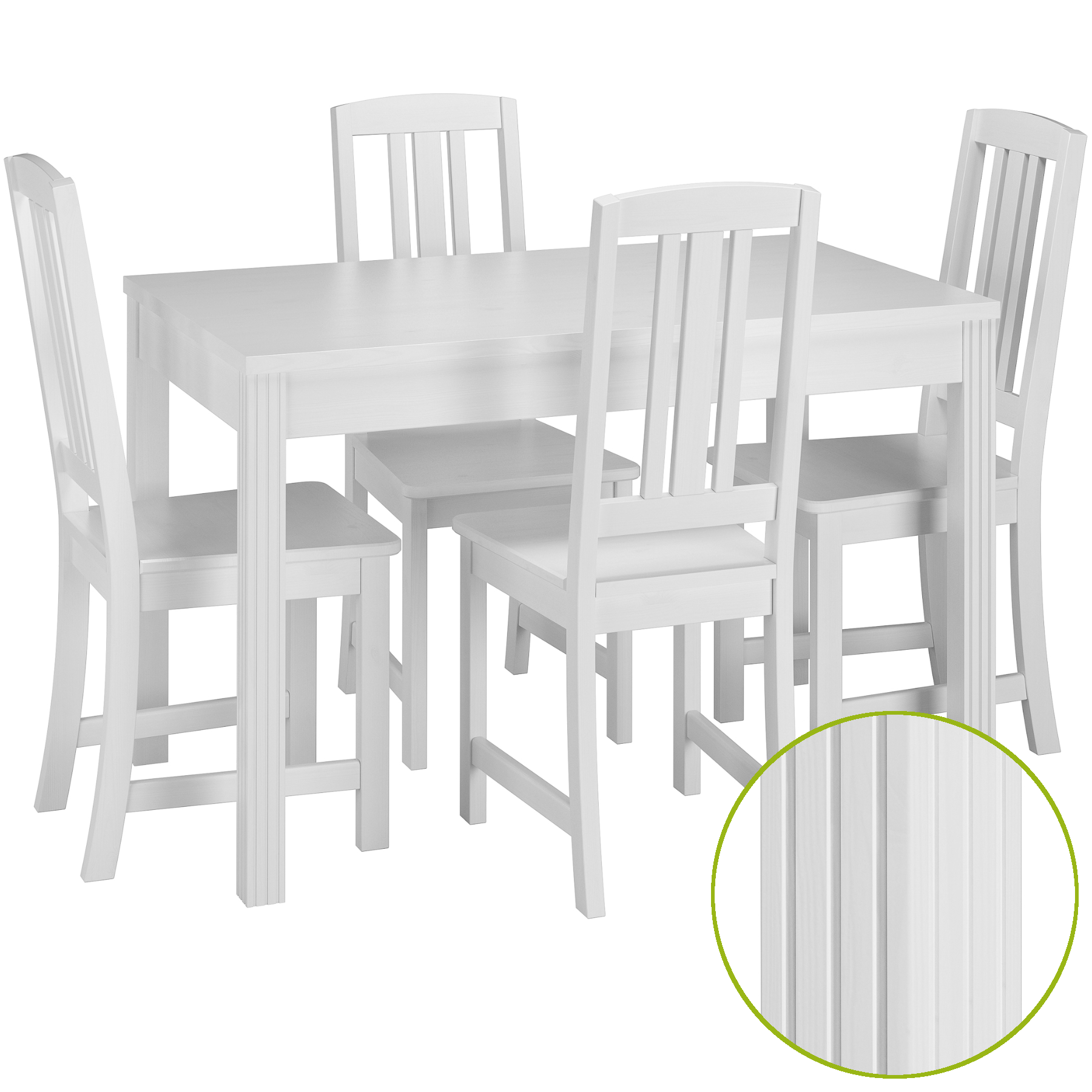 Esstisch, 5-teilig, Holz, weiß, geriffelte oberfläche,