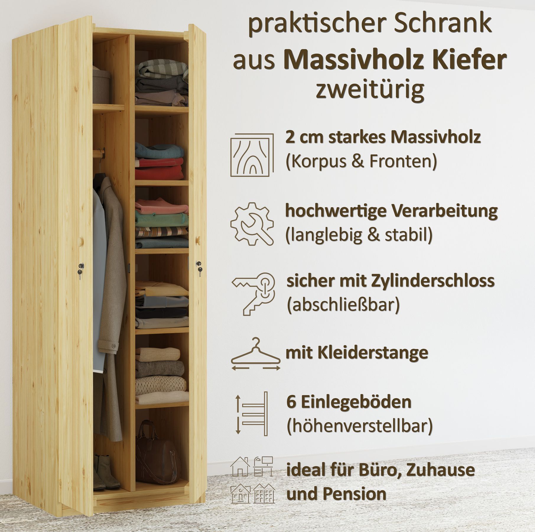 Massivholz, Kleiderschrank, zweitürig, helles Holz, Korpus Fronten, Produktdetails Kiefernkleiderschrank