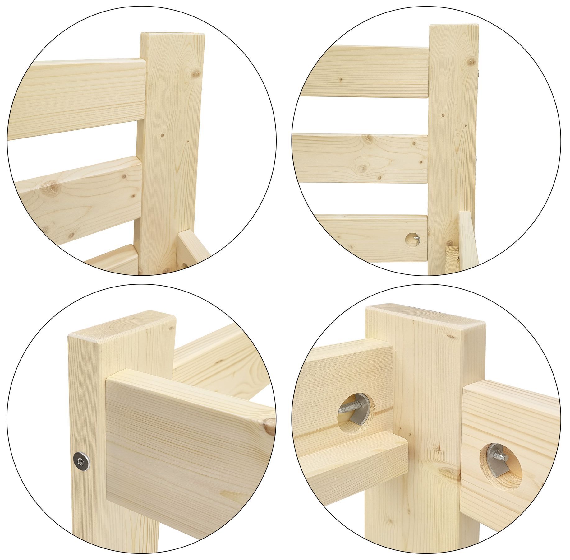 Holzstuhl, Holzbett, Klemmverbindung, Holzlatten, Naturholz, Detaibild des Einzelbettes aus Fichte