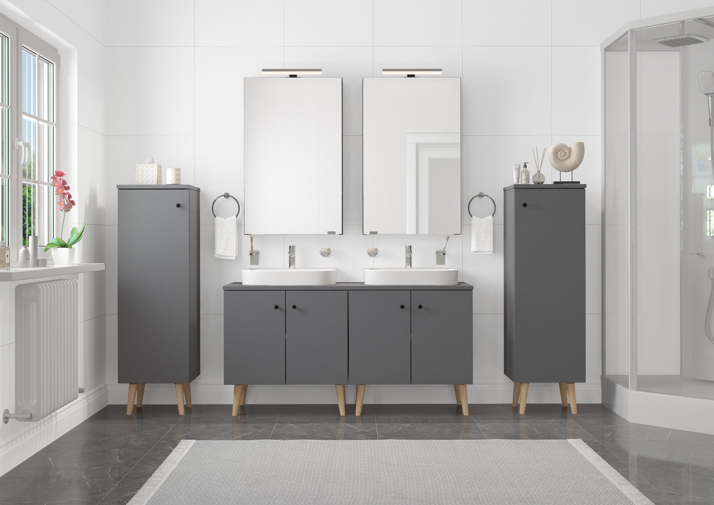 Badezimmer, Waschtisch, Doppelwaschbecken, graue Schränke, Holzbeine, 6-teiliges Set mit Füßen