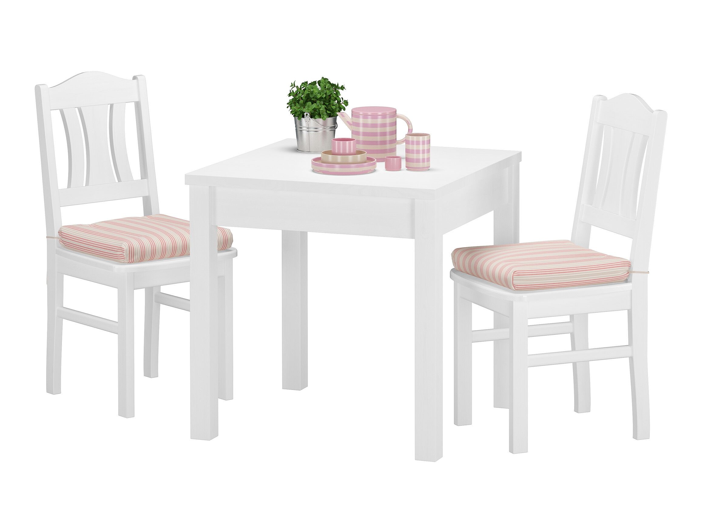 weißer tisch, tischset, rosa streifen, vier stühle, pflanzenaccessoire, Tisch klein mit Stühlen weiß lackiert