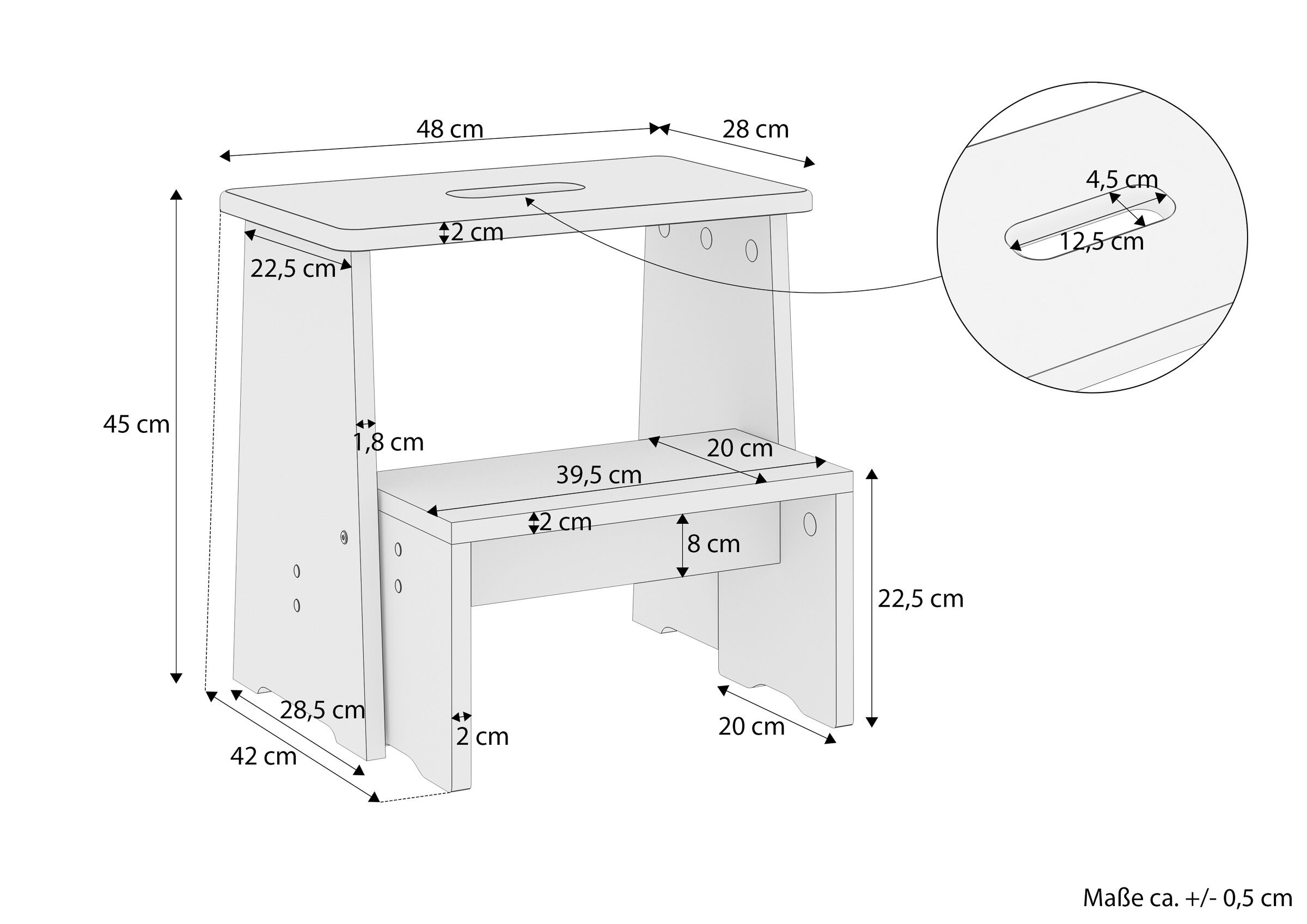 Schreibtisch, Kleiner Schreibtisch, Kinderwerkbank, Holztisch, Maße, Maßskizze des Kiefernholzhocker mit einer Stufe