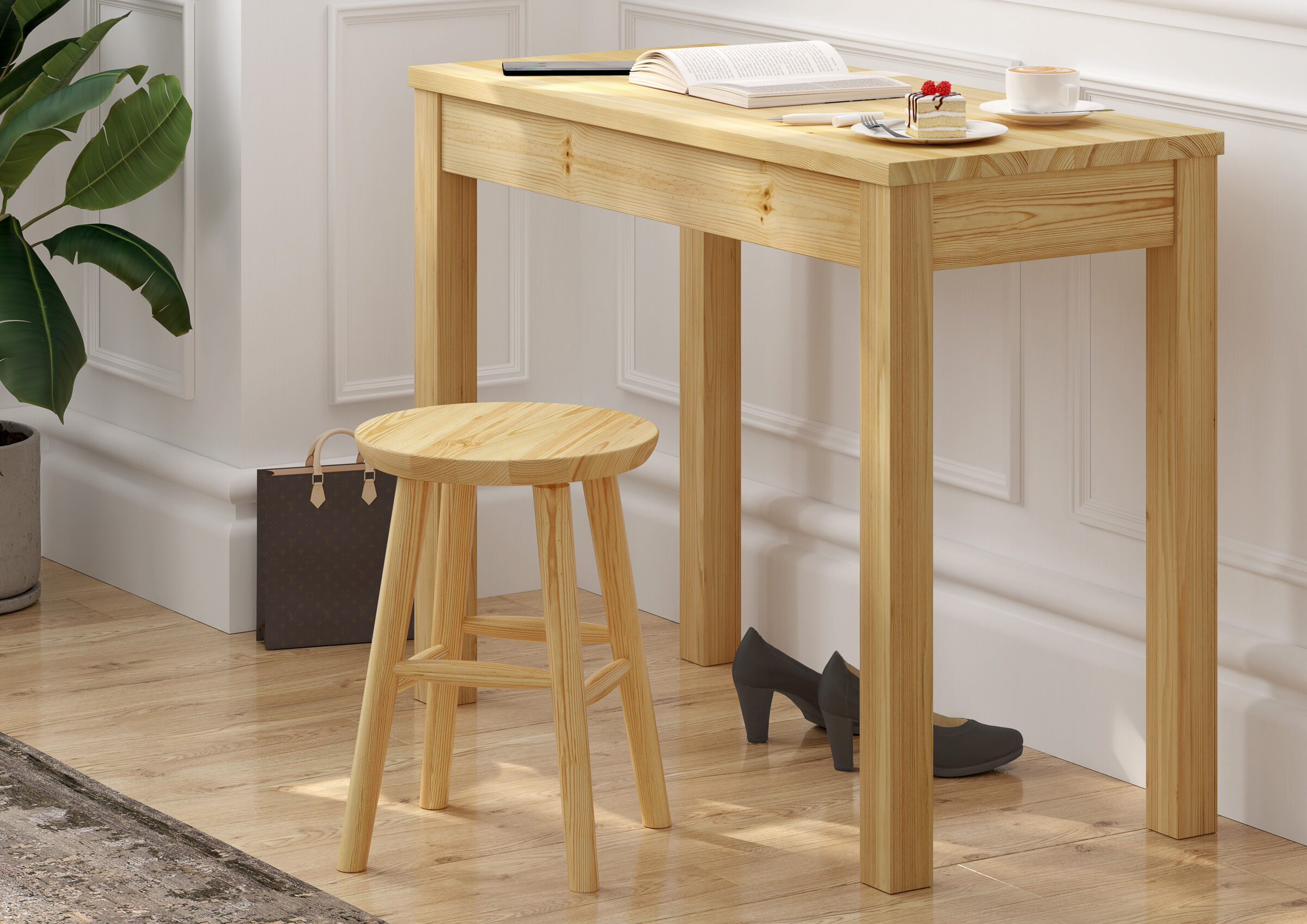 Esstisch, Holztisch, Küche, Stuhl, Schuhe, Runder Holzhocker bei dem Tisch