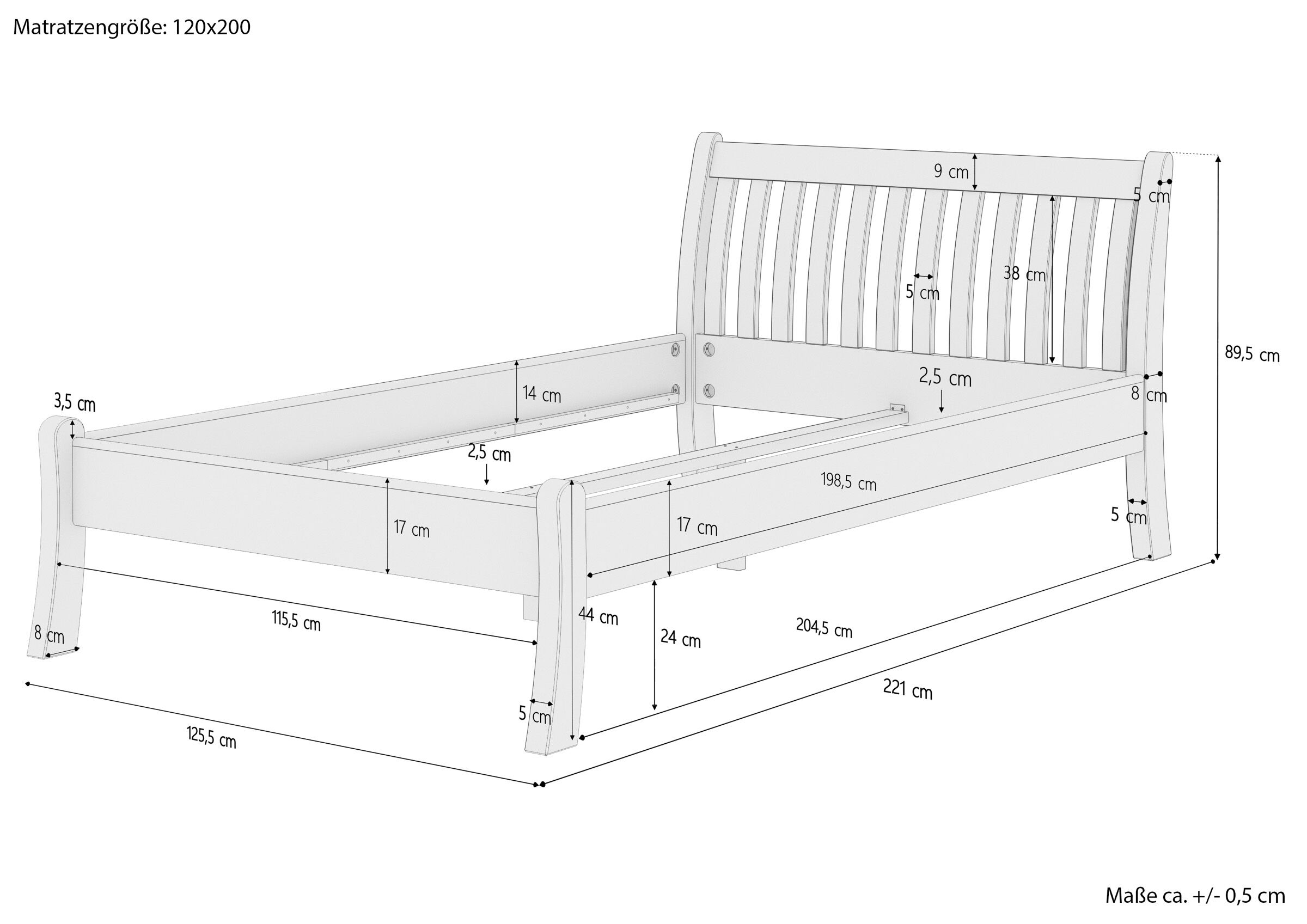 Kinderbett, Holzbettrahmen, Schlankes Kopfteil, Rausziehbares Bettgestell, Maße 120x200, Skizze mit Maße Kiefer Bett