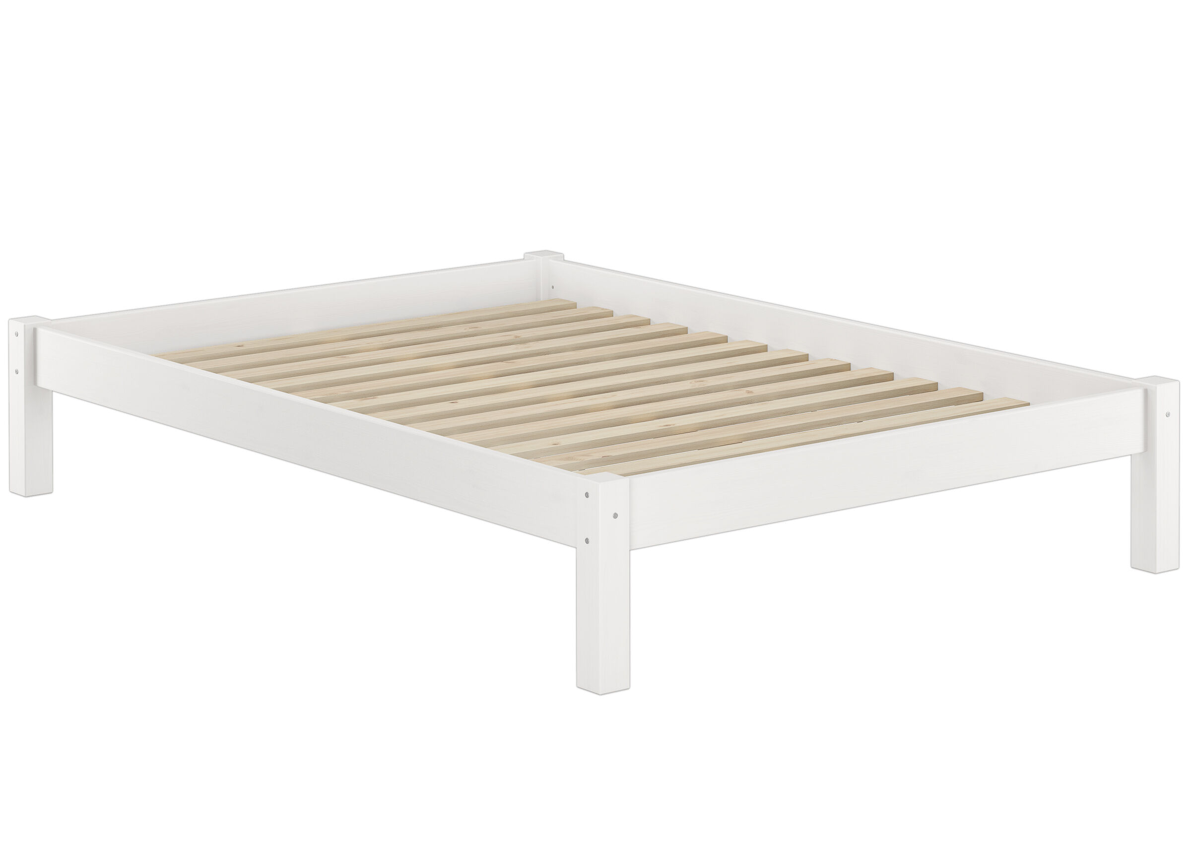 Holzbett, Bettgestell, Weiß, Holzlatten, Rahmenbett, Doppelbett Kiefer waschweiß mit Rollrost