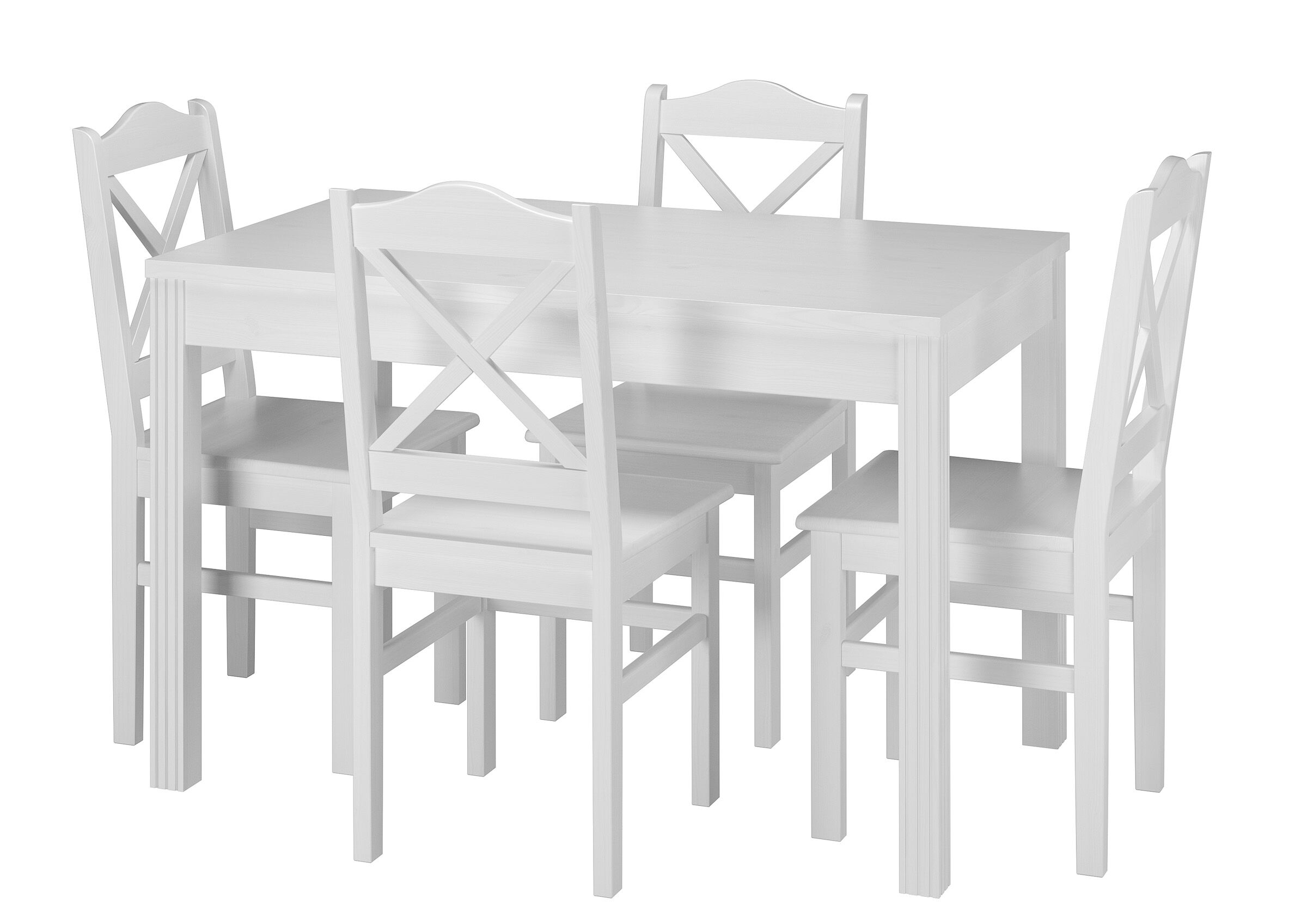 Esstischset, Holztisch, Stühle, Kreuzrücken, Natürliches Holz, Tisch mit Stühlen weiß