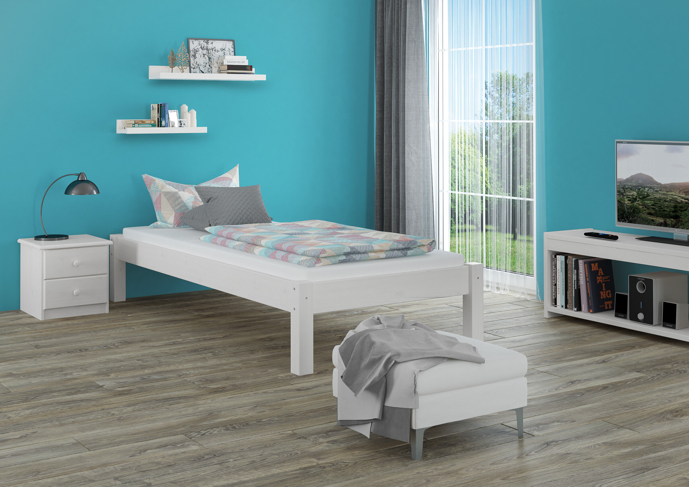 Bettenrahmen, Kinderzimmer, Teppichlos?, Deko?, Hochwert, Gästezimmer mit Einzelbett Kiefer waschweiß