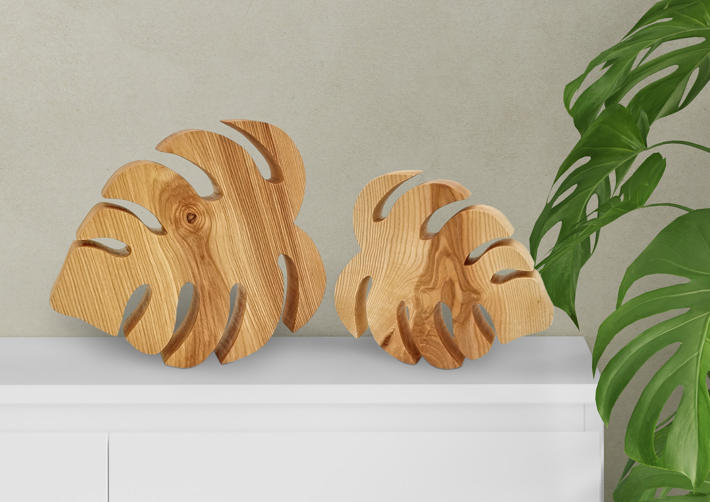 Holzdekoration, Monstera-Form, Holzskulptur, Wohnaccessoire, Naturholz, Holzblätter Esche Monstera