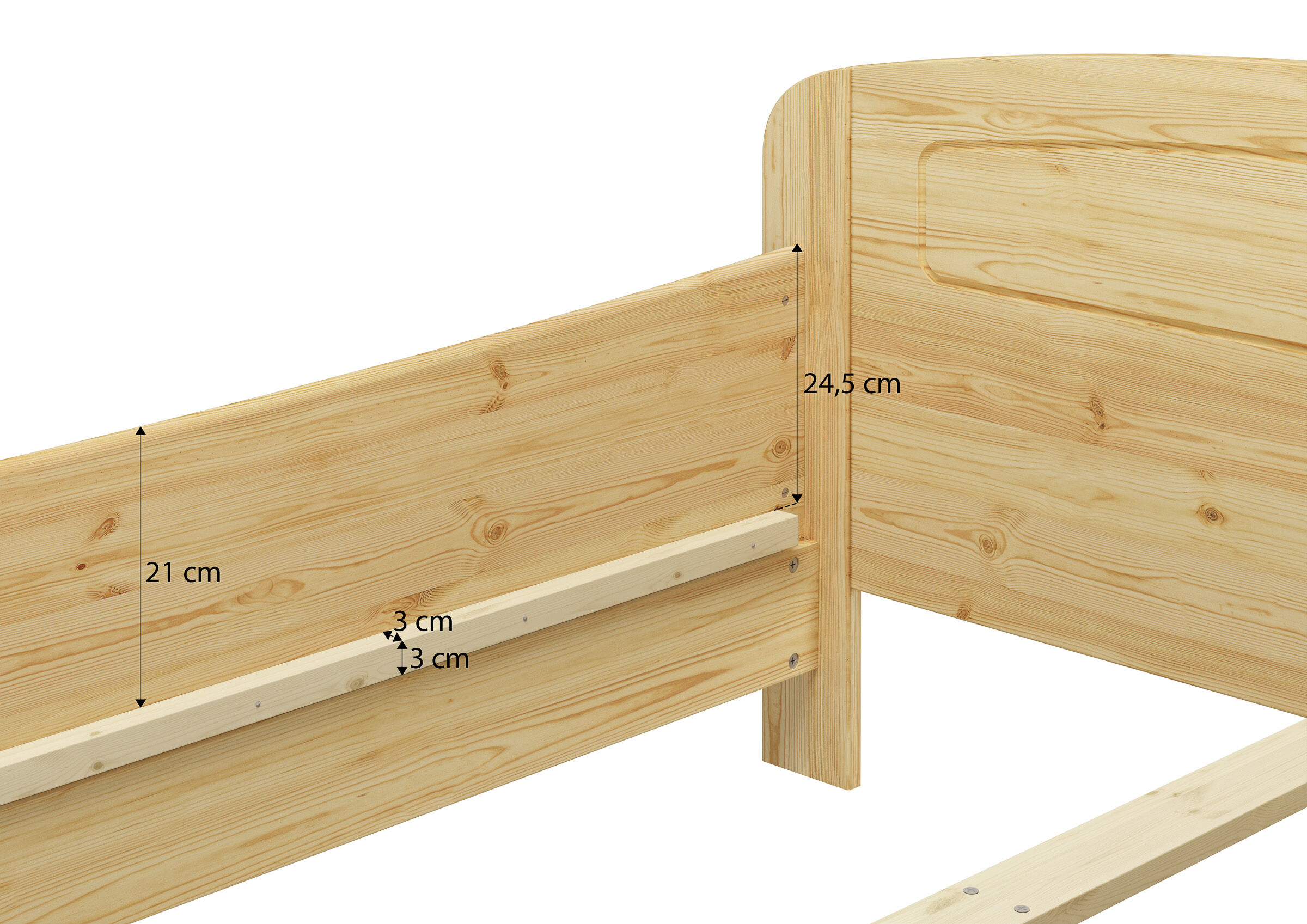 Holzbett, Bettgestell, Kiefernholz, Lattenrosthalter, Holzlatten, Tiefste Stufe der Einlegetiefe des Doppelbettes im Detail