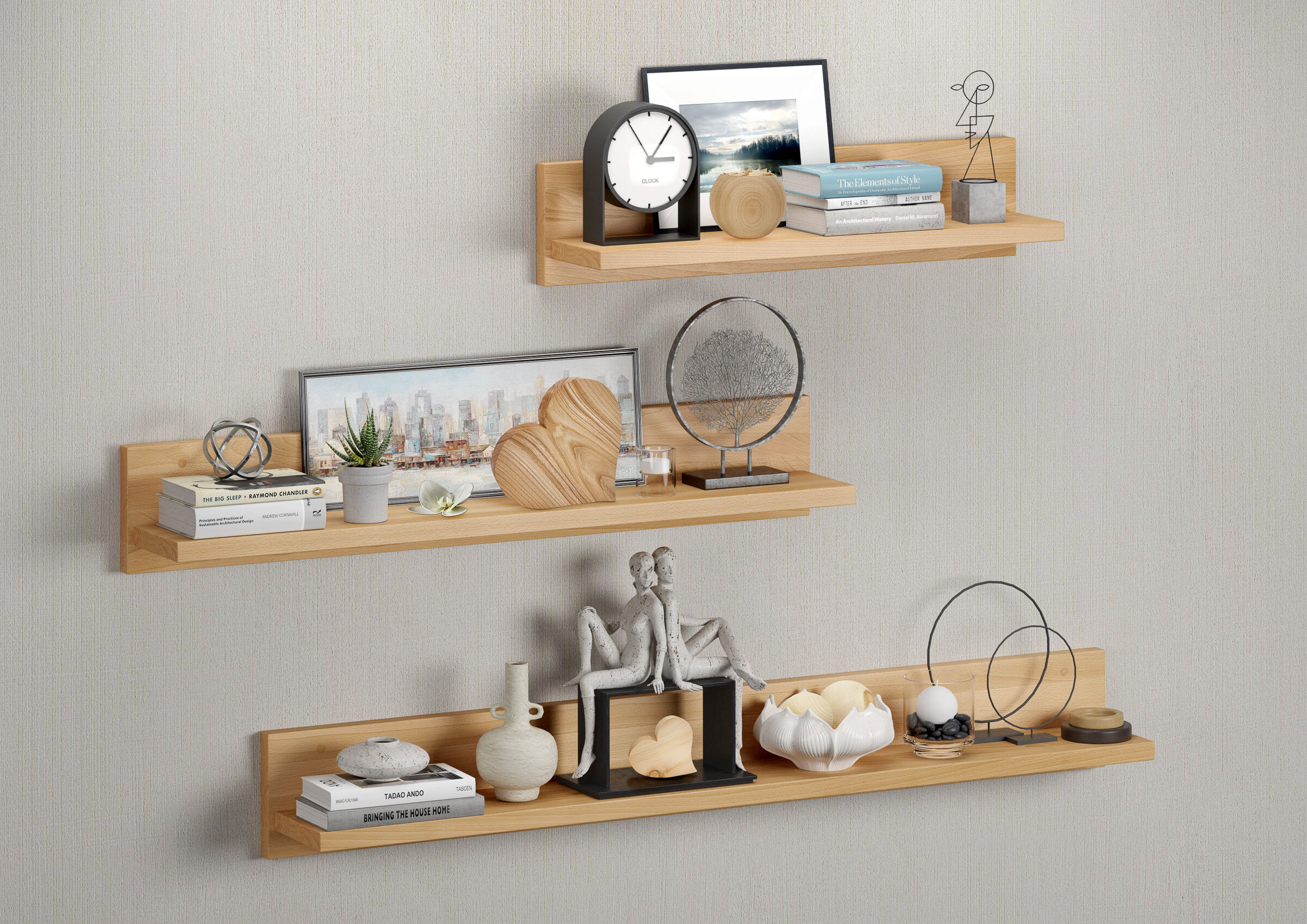 Wandregal, Holzregal, Deko-Objekt, Skulptur, Uhr, Schöne Holz-Wandleisten