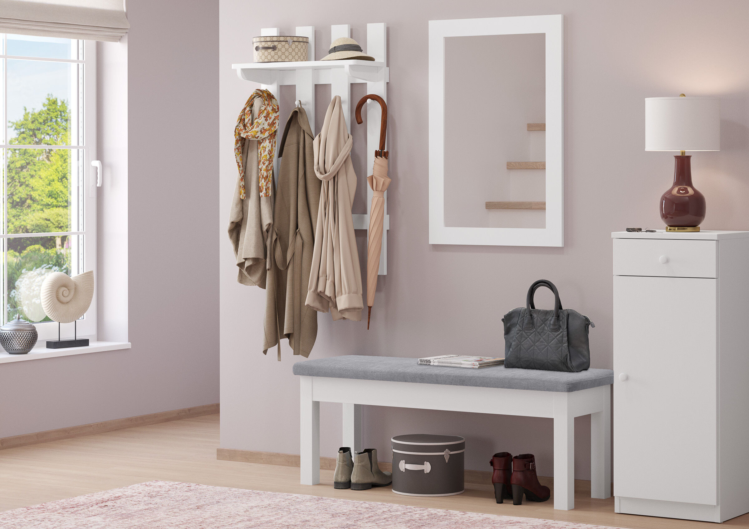 Kleiderstange, Kleidung, Hut, Bank/Tischbank, Schuhe, Garderobenbank mit Polster grau