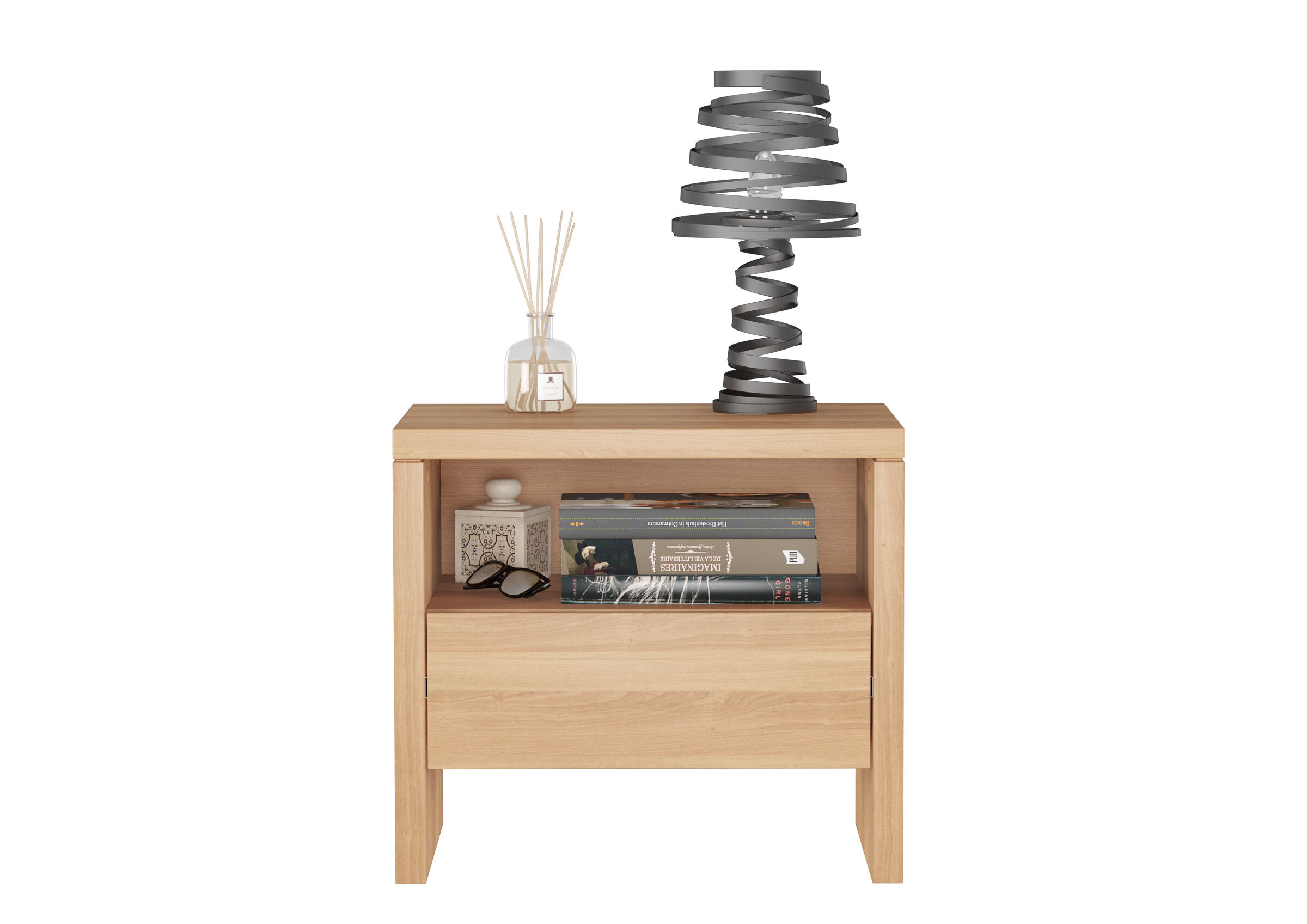 Holz, Nachttisch, Tisch, Lampe, Deko, farblos-lackierter-Nachttisch-kubisch