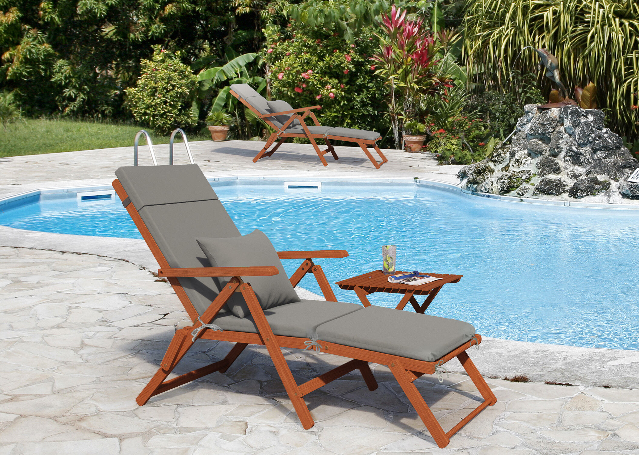 Liegesessel, Sonnenliege, Holzrahmen, Grau Polster, Poolbereich, Outdoor-Meübel, Sonnenliege mit Polster Kissen grau und Tisch