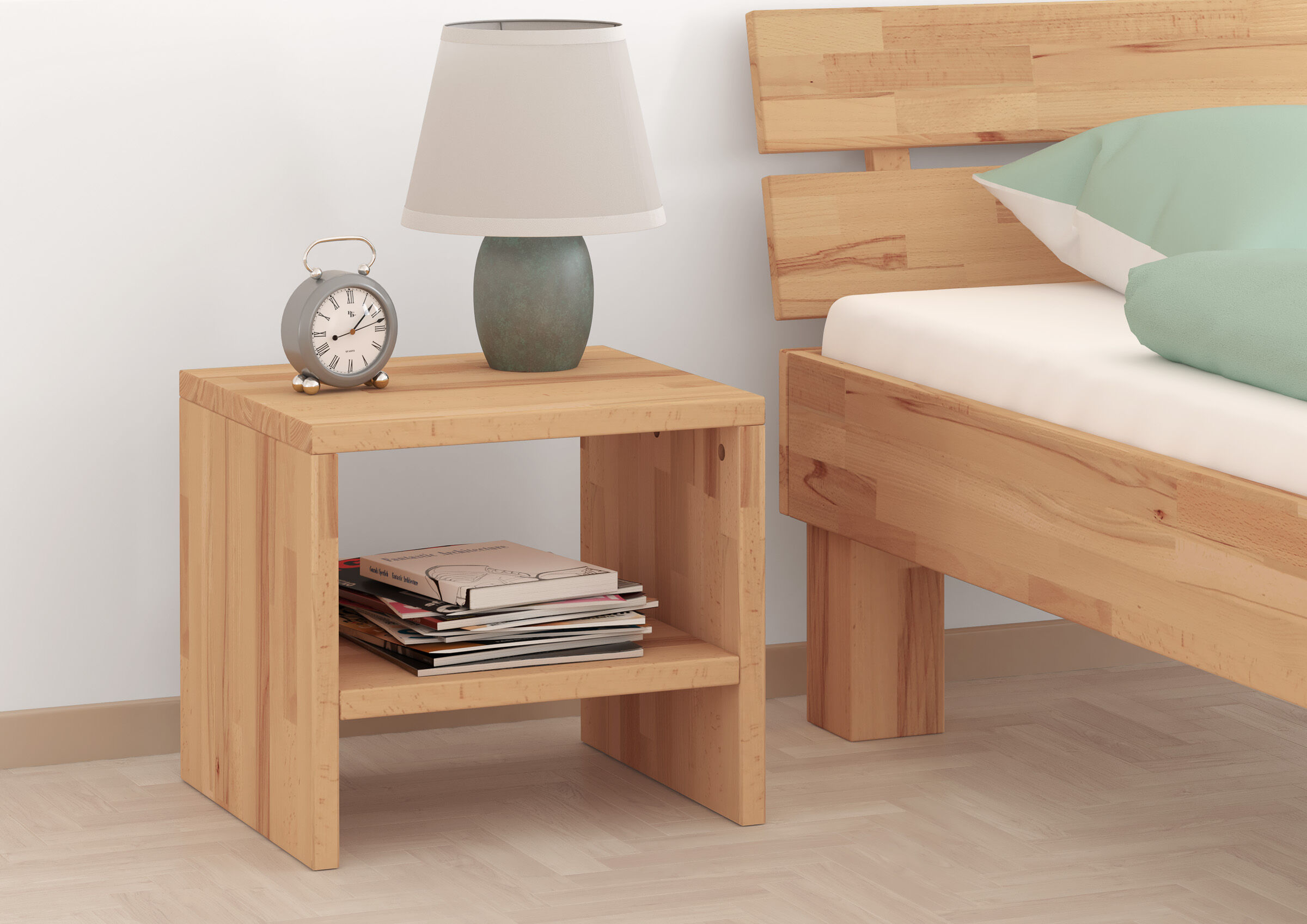 Nachtkonsole, Nachttisch, Holz, Schlafzimmer, Uhr, Buche Nachttisch