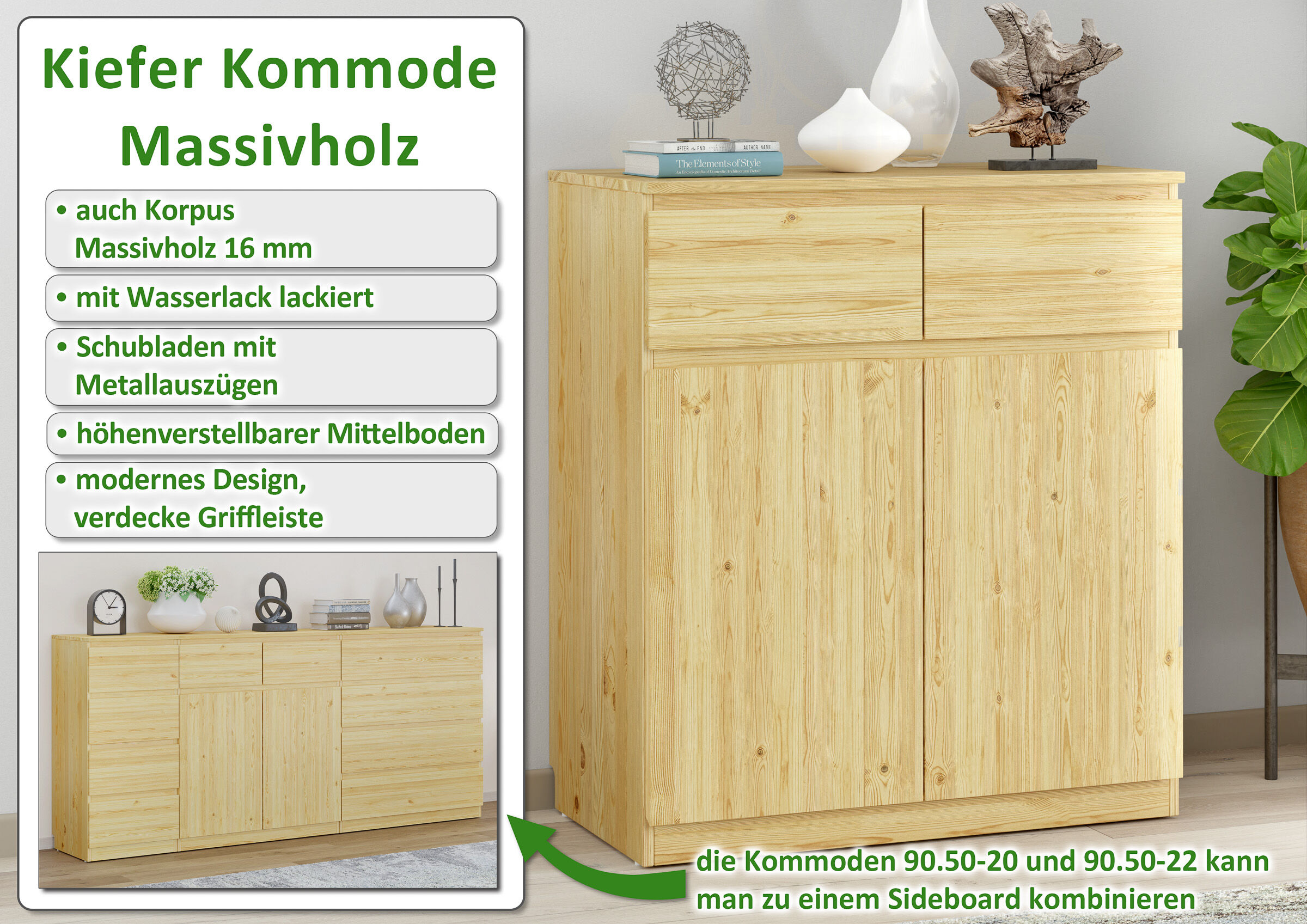 Massivholz, Kiefer, Sideboard, Schubladen, Griffleiste, Vorteile der Kommode