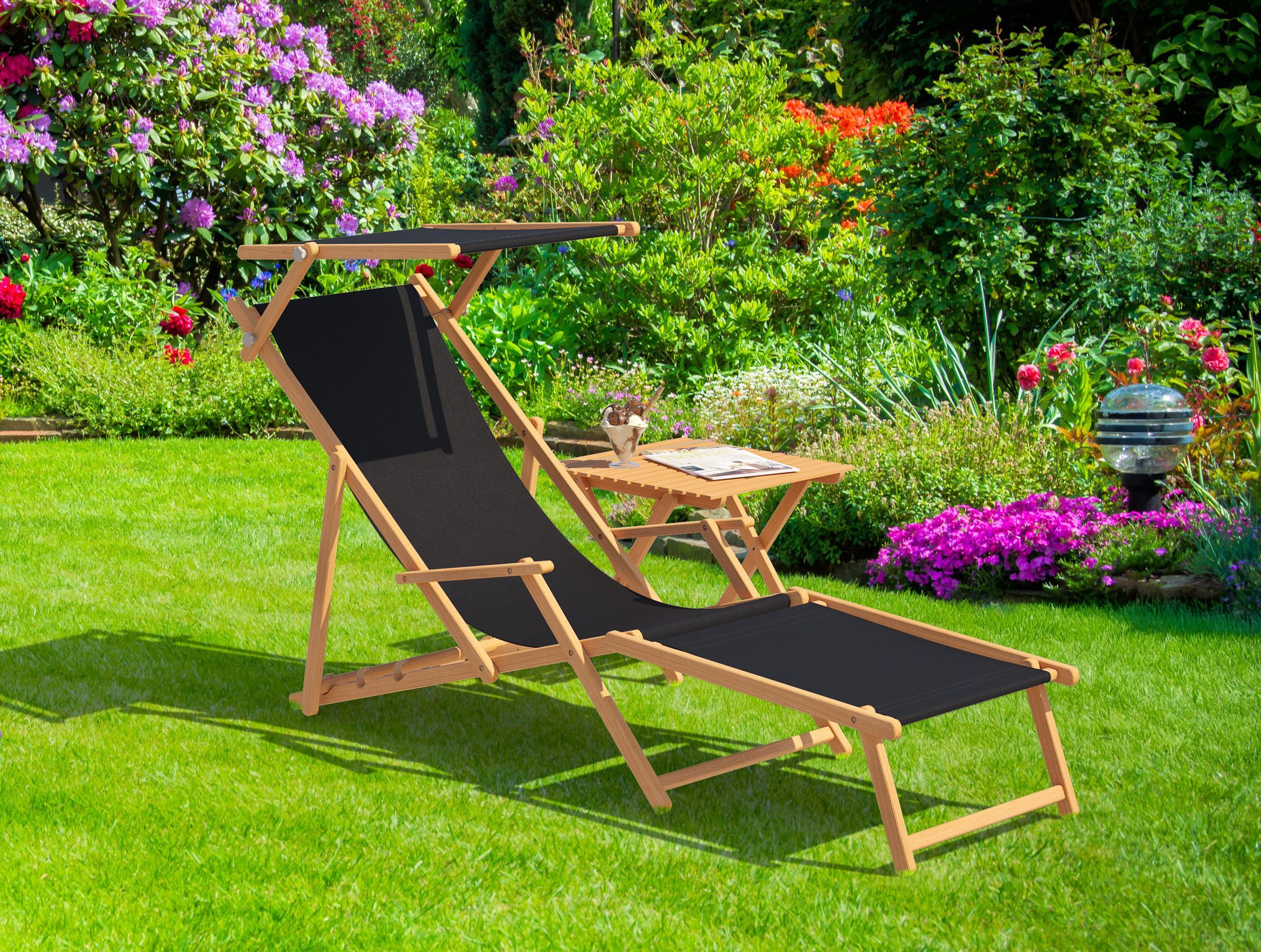 Gartenliege, Sonnenliege, Holzgestell, Schwarz Bezug, Gartenstuhlset, Zusammenklappbare Gartenliege mit Tisch und Fußteil