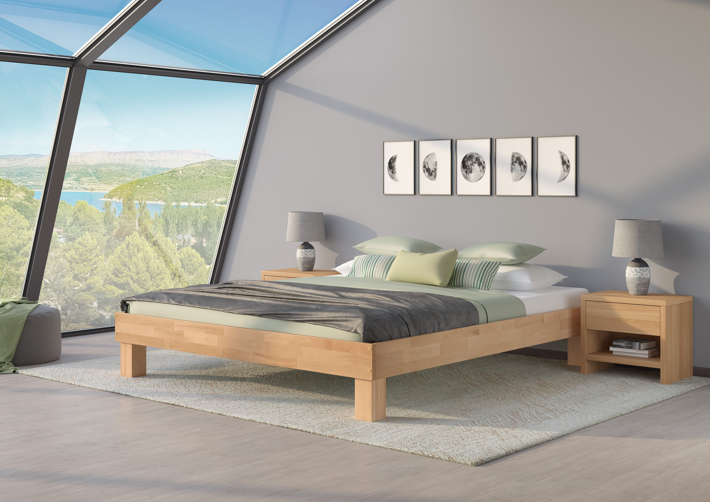 bett, holzbett, nachtisch, bettgestell, mondphasengemälde, Zimmerbild mit Buchebett und Nachttisch