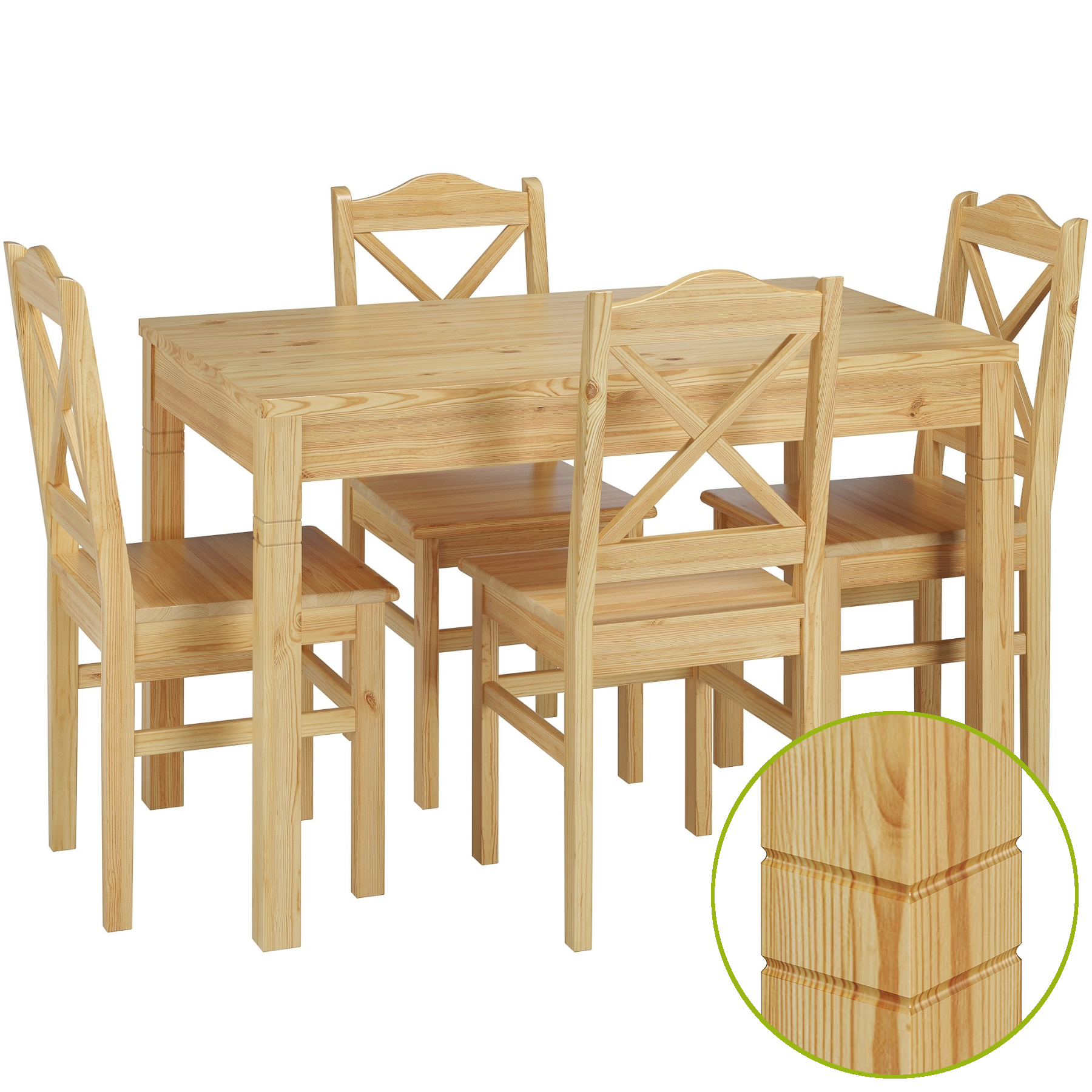 Holztisch, Essgruppe, Kiefernholz, gerillte Eckverzierungen, stuhlset,