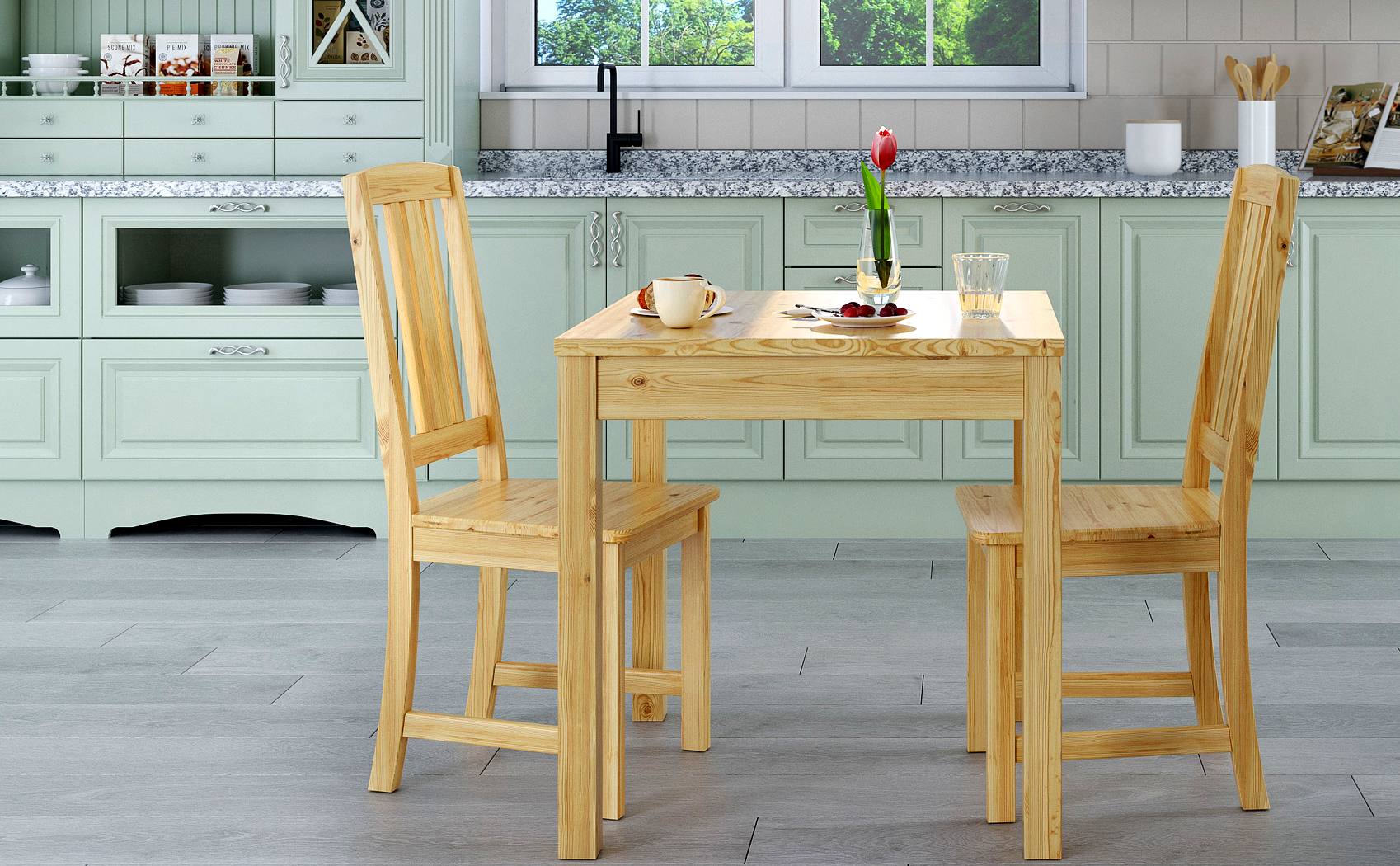 kitchen, dining table, wood chair, kitchen cabinet, granite countertop, Essgruppe aus massiver Kiefer in Küche mit Deko, Stuhlmodell 22, klar lackiert, 75 x 75 cm, Tischbeine Glatt