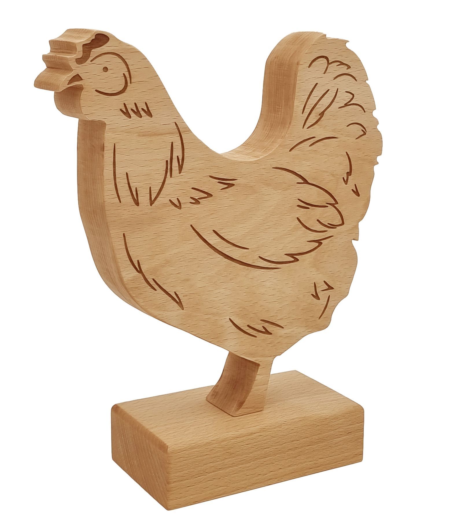 Holzfigur, Huhn, Hühnchen, Dekoration, Holzstab, Handgefertigtes Huhn aus Buche