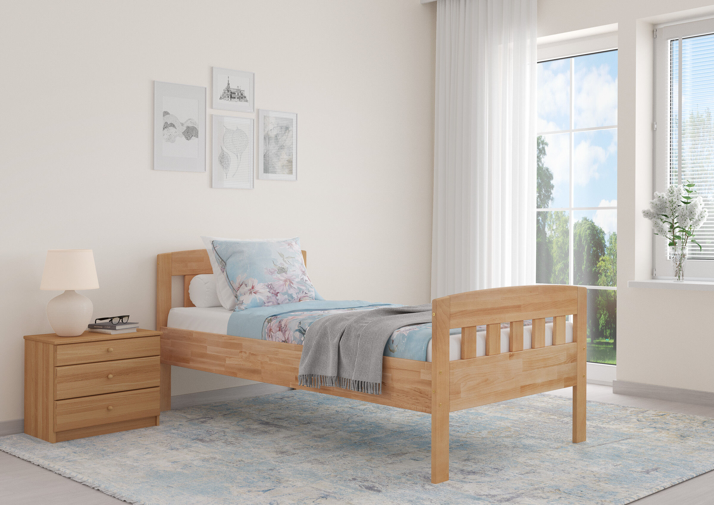 Holzbett, Jugendbett, Nachttisch, Bettwäsche, Fensterblick, Massivholzbett 90x200 Buche im Zimmer