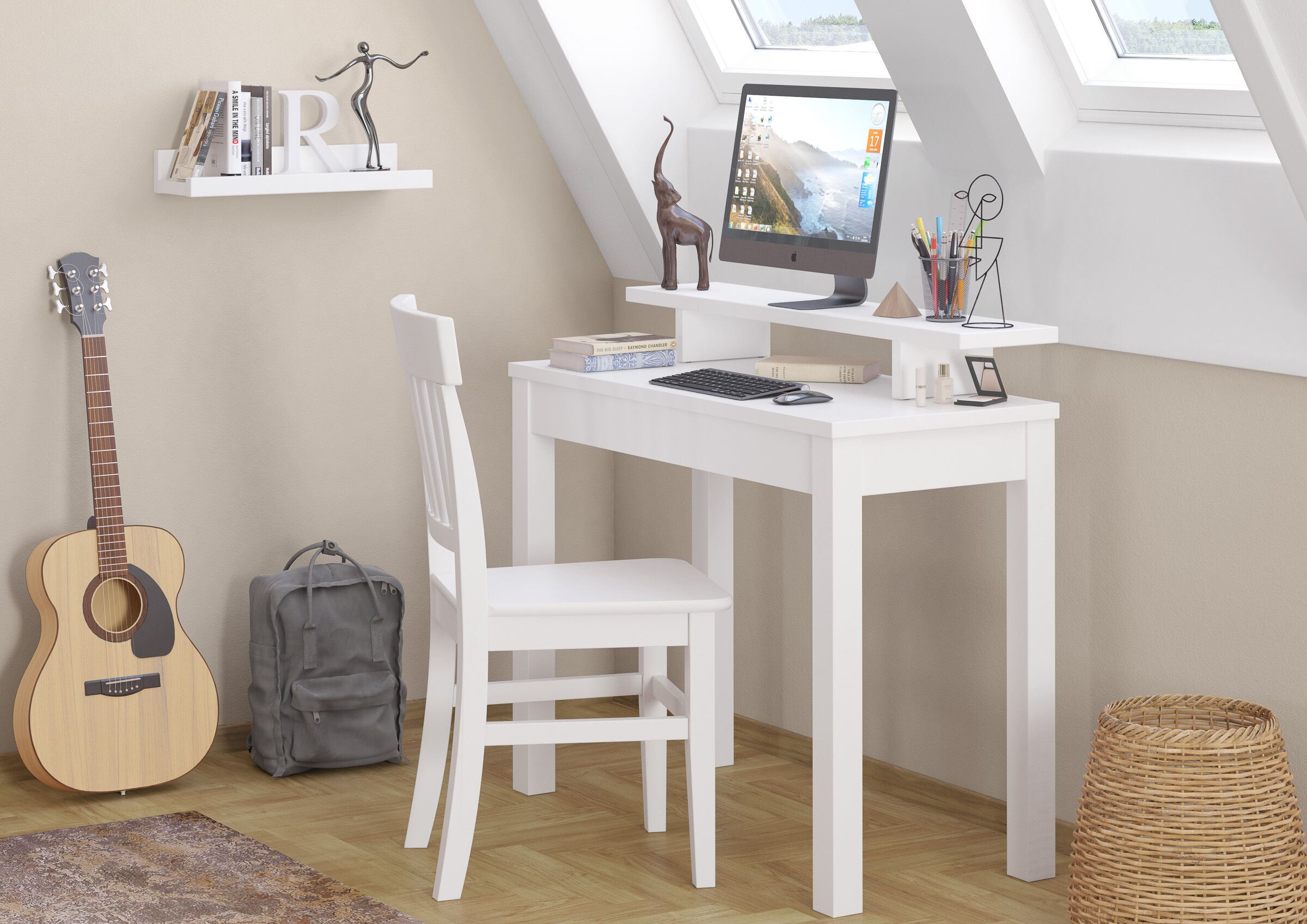 Schreibtisch, Computer, Gitarre, Rucksack, Dekoration, Praktische Ablage für Tisch aus Kiefer