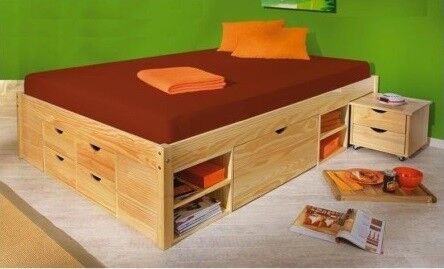 Holzbett, Bettgestell, Schubladenbett, Nachttisch, Kopfkissen?, Funktionsbett Kiefer massiv