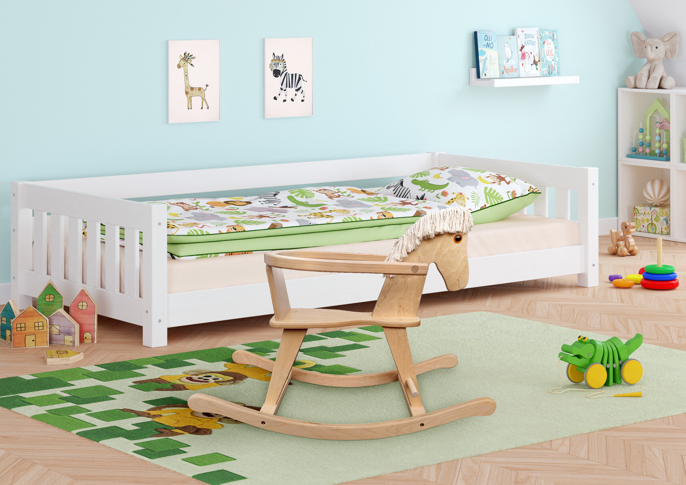 Kinderbett, Holzbett, Weiß, Kinderzimmer, Musterbettwäsche, Schaukelpferd aus Holz für Kleinkinder
