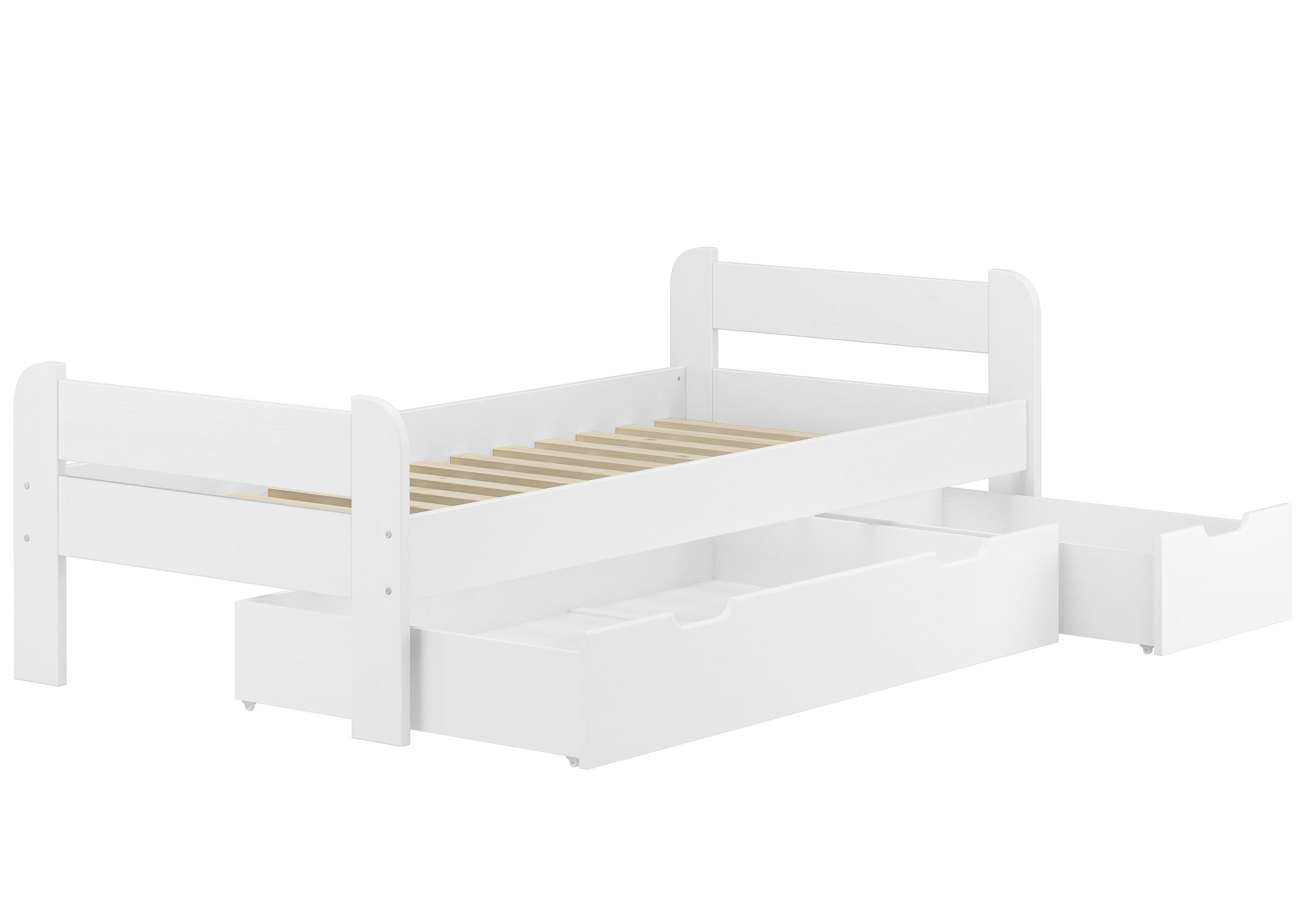 Kinderbett, Holz, weiß, Ausziehkasten, Lattenrost-höhenverstellbar, Kinderbett Kiefer weiß