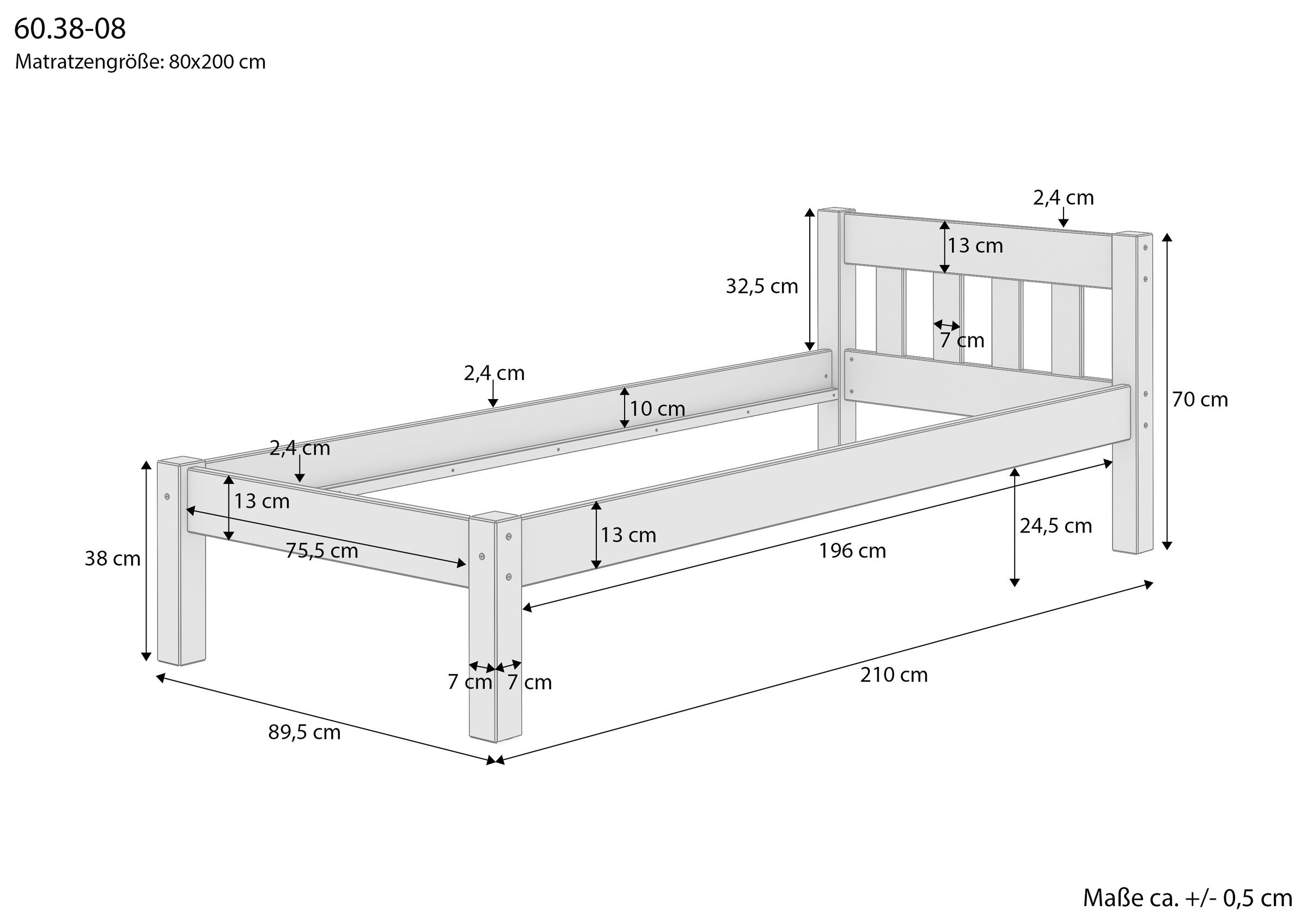 Einzelbett, Holzbett, Kopfteil, Lattenrost, Maße 80x200 cm, Einzelbett, Holzbett, Bettgestell, Kopfteil, Maße 80x200 cm, Maßskizze des schmalen Einzelbettes 80x200