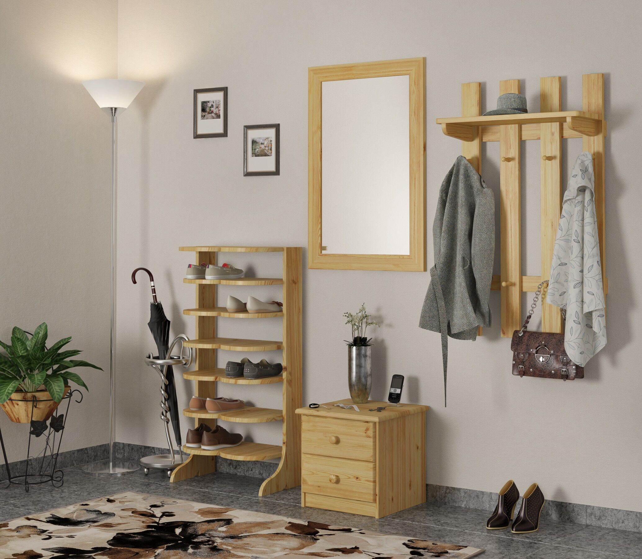eingangsbereich, schuhregal, kleiderhaken, spiegel, bank, Spiegel Schuhregal Kommode und Wandgarderobe