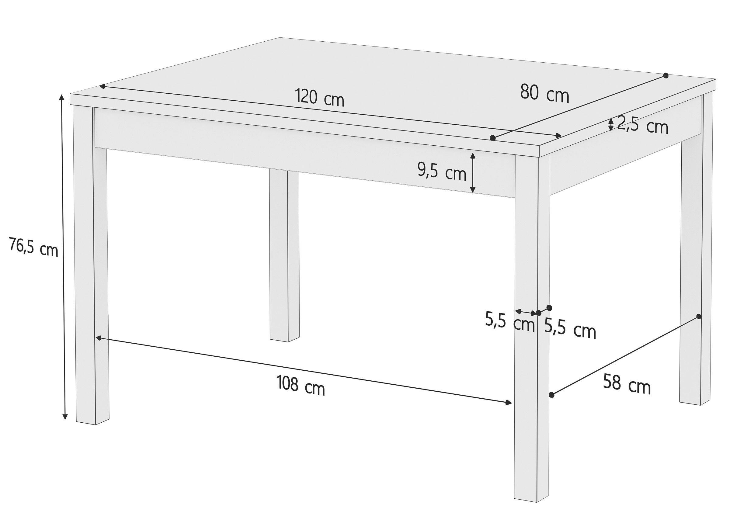Esstisch, Holztisch, Massivholz, rechteckig, 4-beinig, Skizze Tisch 80 x 120 cm