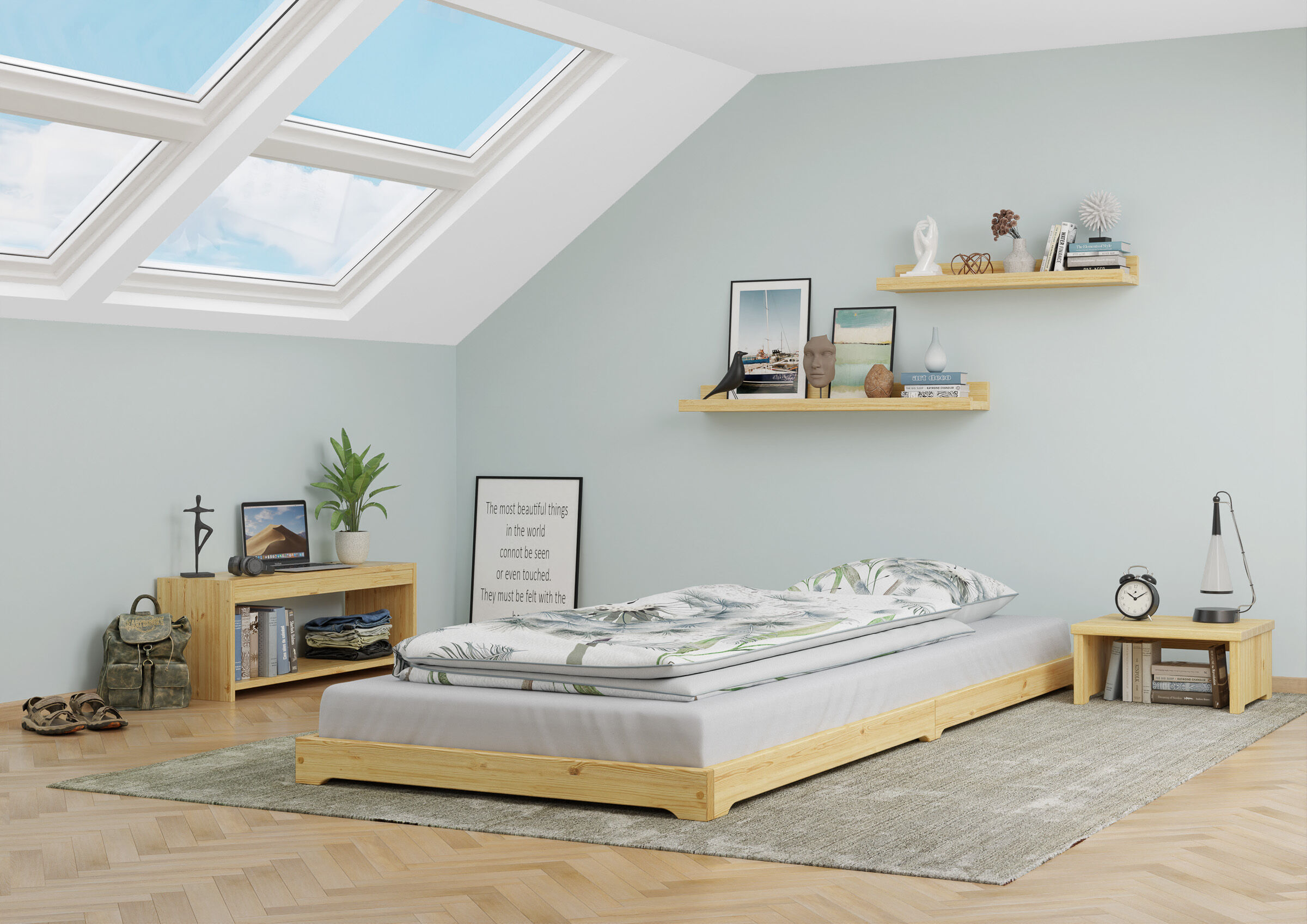 Bett, Zimmer, Dachfenster, Holzbett, Pflanzen, Überlanges Kiefernholzbett 90x220