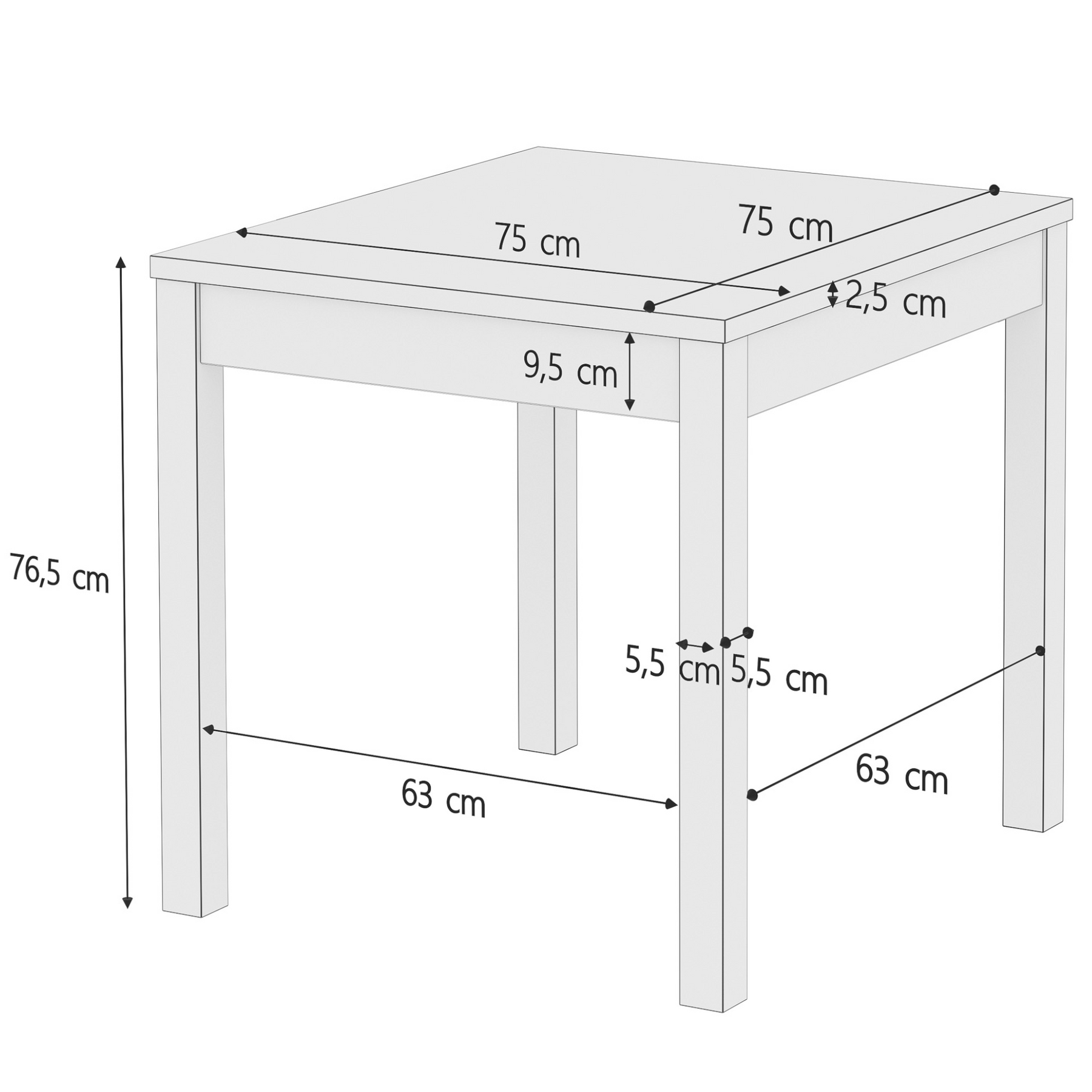 Esstisch, Holztisch, rechteckig, Maße 76,5x63x75, Holzplatte, Stabiler Esszimmertisch aus massiver Kiefer, klar lackiert, 75 x 75 cm, Tischbeine Glatt, Schema mit Maße