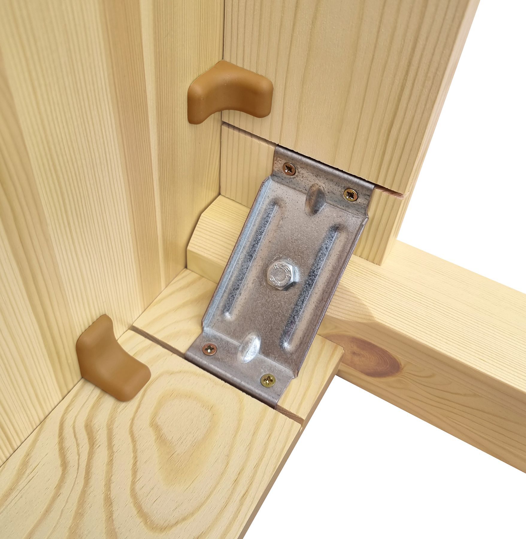 Holz, Holzwerk, Eckverbindung, Scharnier, Metallverbinder, Detailbild des Tisches 100x45