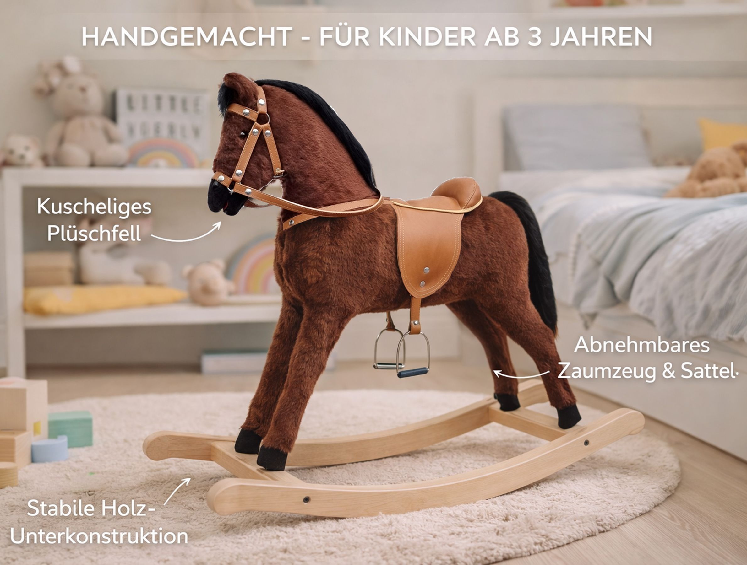 Hengst, Pferd, Sattelaufsatz, Kunstleder, Holzrocker, Kinderzimmer mit braunem Schaukelpferd
