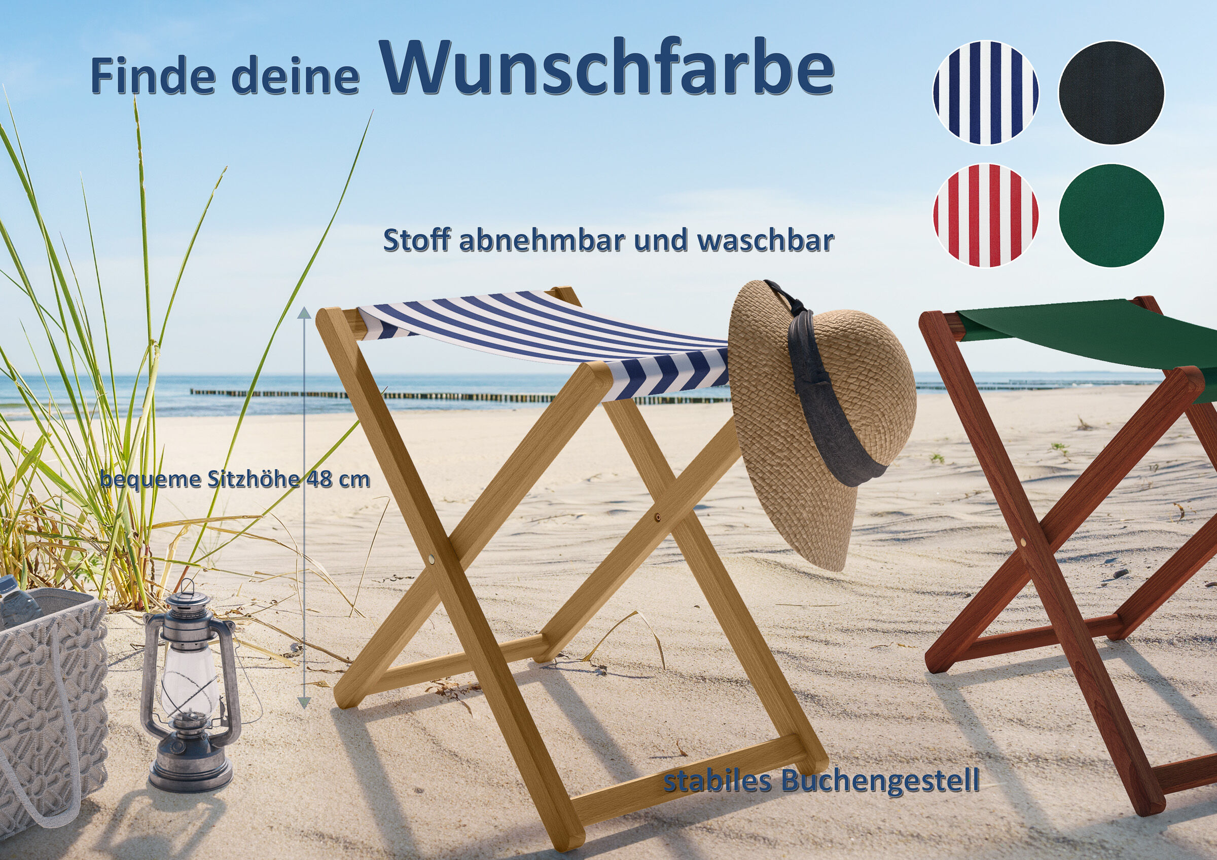 strandstuhl, holzstuhl, stapelstuhl, strandsitz, sonnenschirm, Anglerhocker in vielen Farben