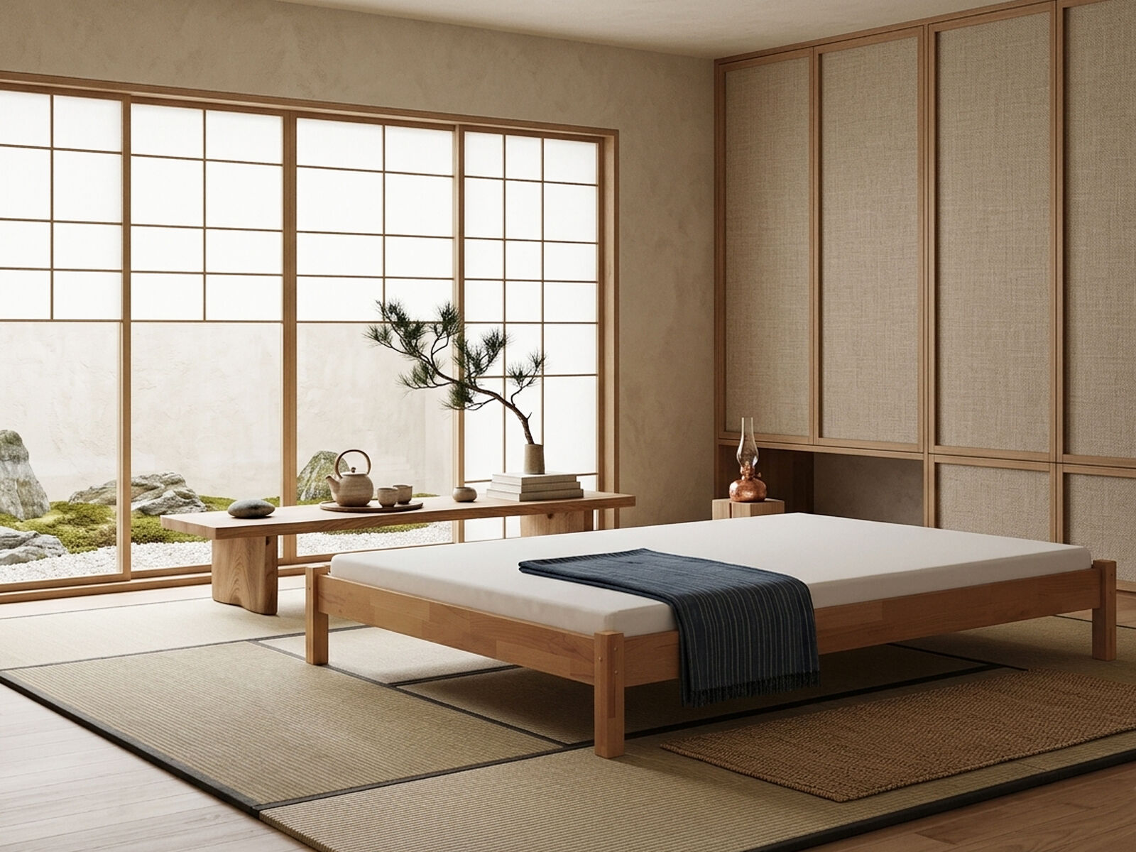 Japanisch, Minimalistisch, Bett, Holz, Tatami/Teppich, minimalistisches Holzbett