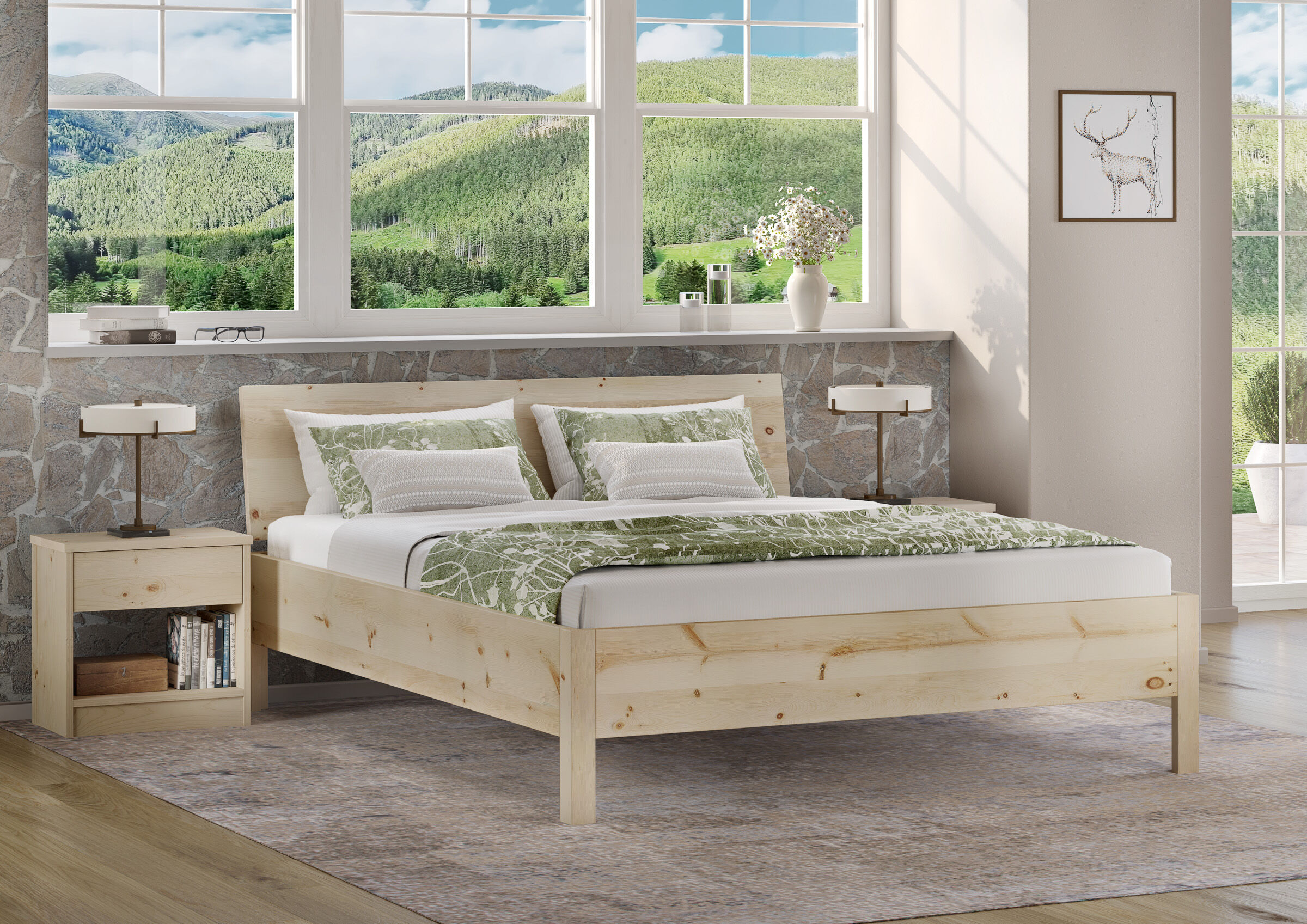Drinnen, Innenarchitektur, Mobiliar, Bett, Dekoration für Zuhause, Schlichtes Ehebett 160x200 im Zimmer
