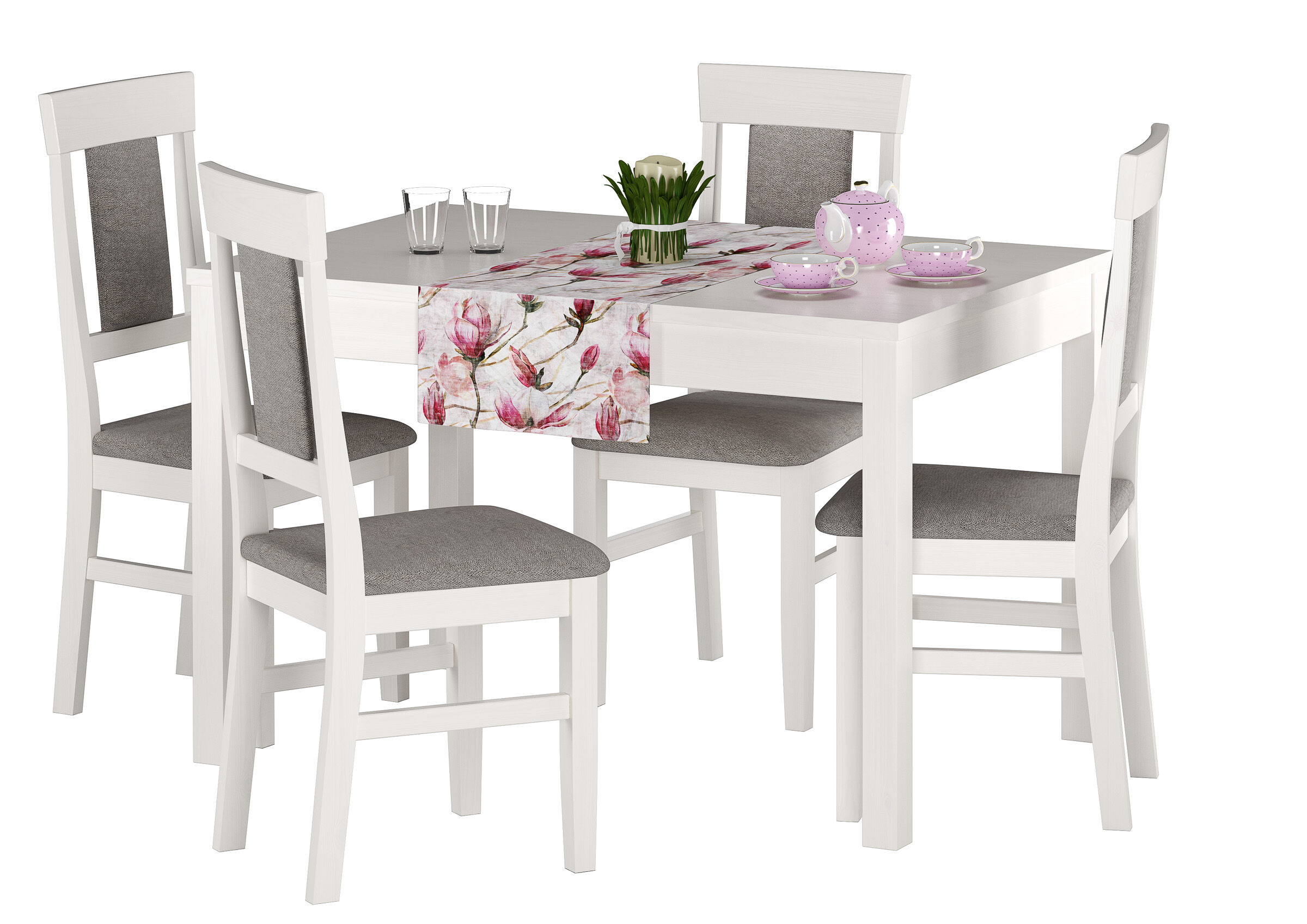 Esszimmer, Esstisch, Mobiliar, Tabelle, Stuhl, Essgruppe aus massiver Kiefer mit Deko, Stuhlmodell 25, waschweiß lackiert, Polsterbezug grau, 75 x 120 cm, Tischbeine Glatt