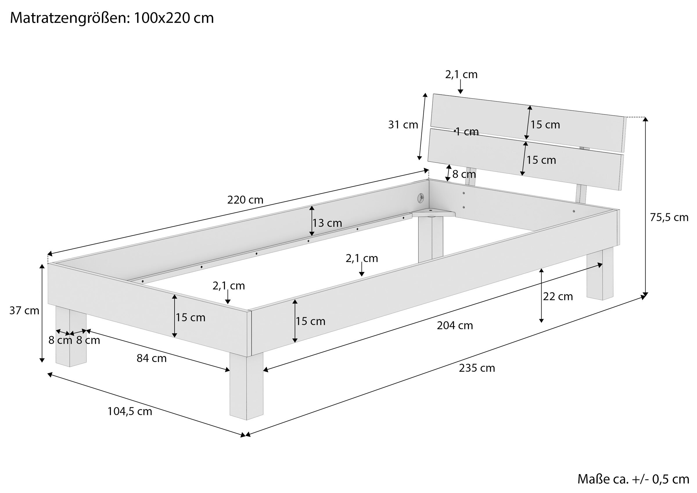 Bettrahmen, Holzbettrahmen, Holzrahmen, Lattenrohr_freier, Bettgestell, Maße des Vollholzbettes 100x220