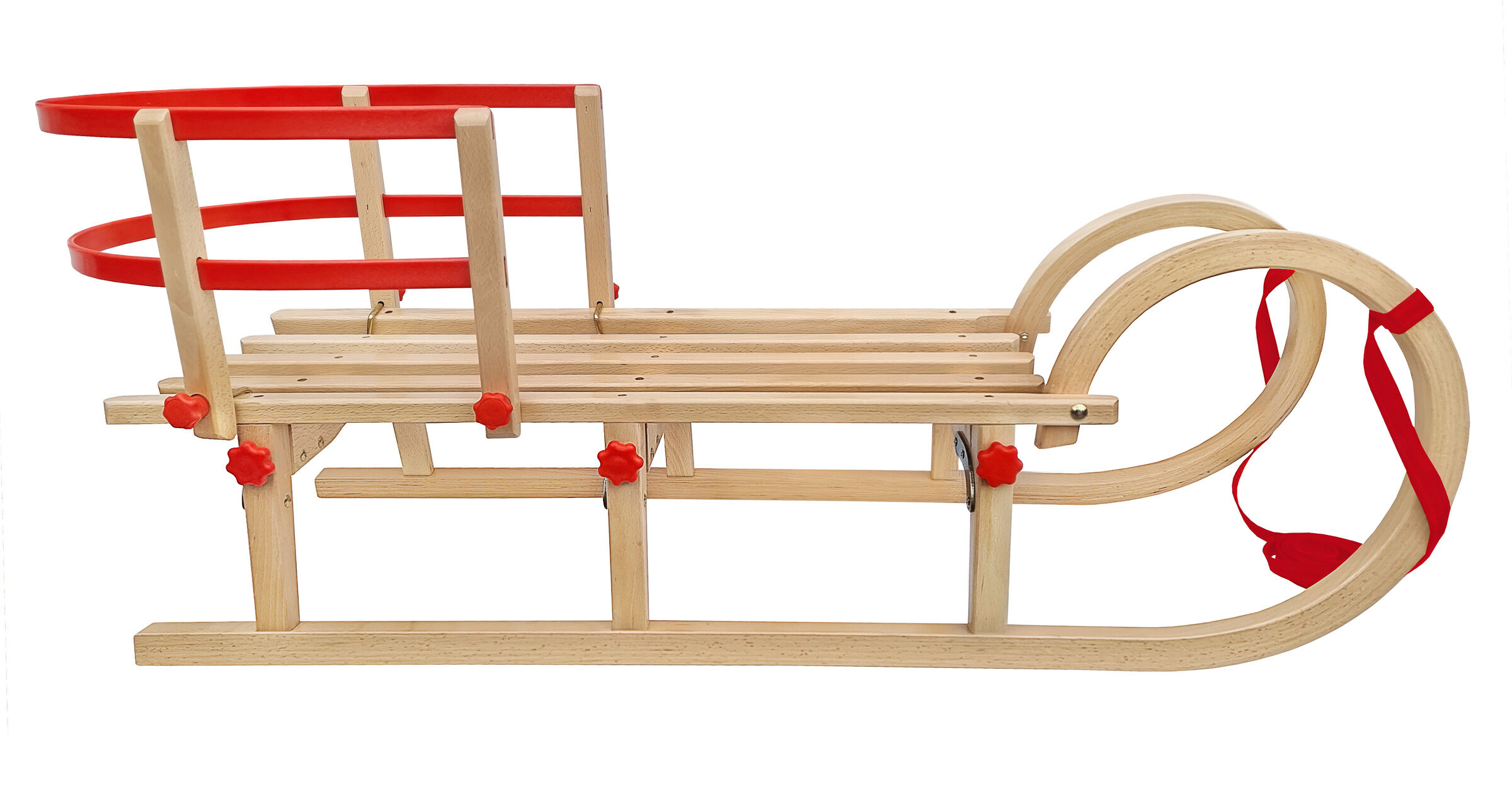 Schlitten, Holzschlitten, Roter Rahmen, Holz, Spielzeug, Echtholzschlitten mit Lehne