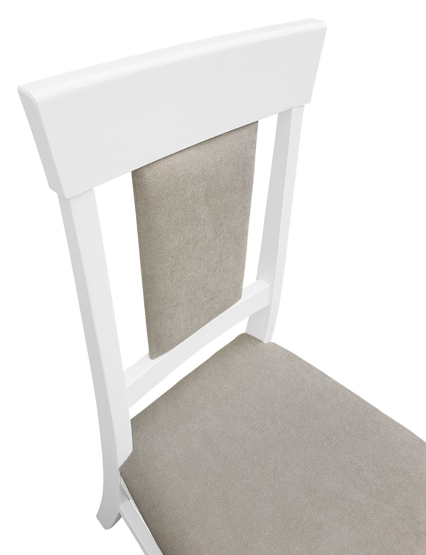 stuhl, holzstuhl, gepolsterte sitsz, beige bezug, weiße oberfläche, Sitzpolster taupe