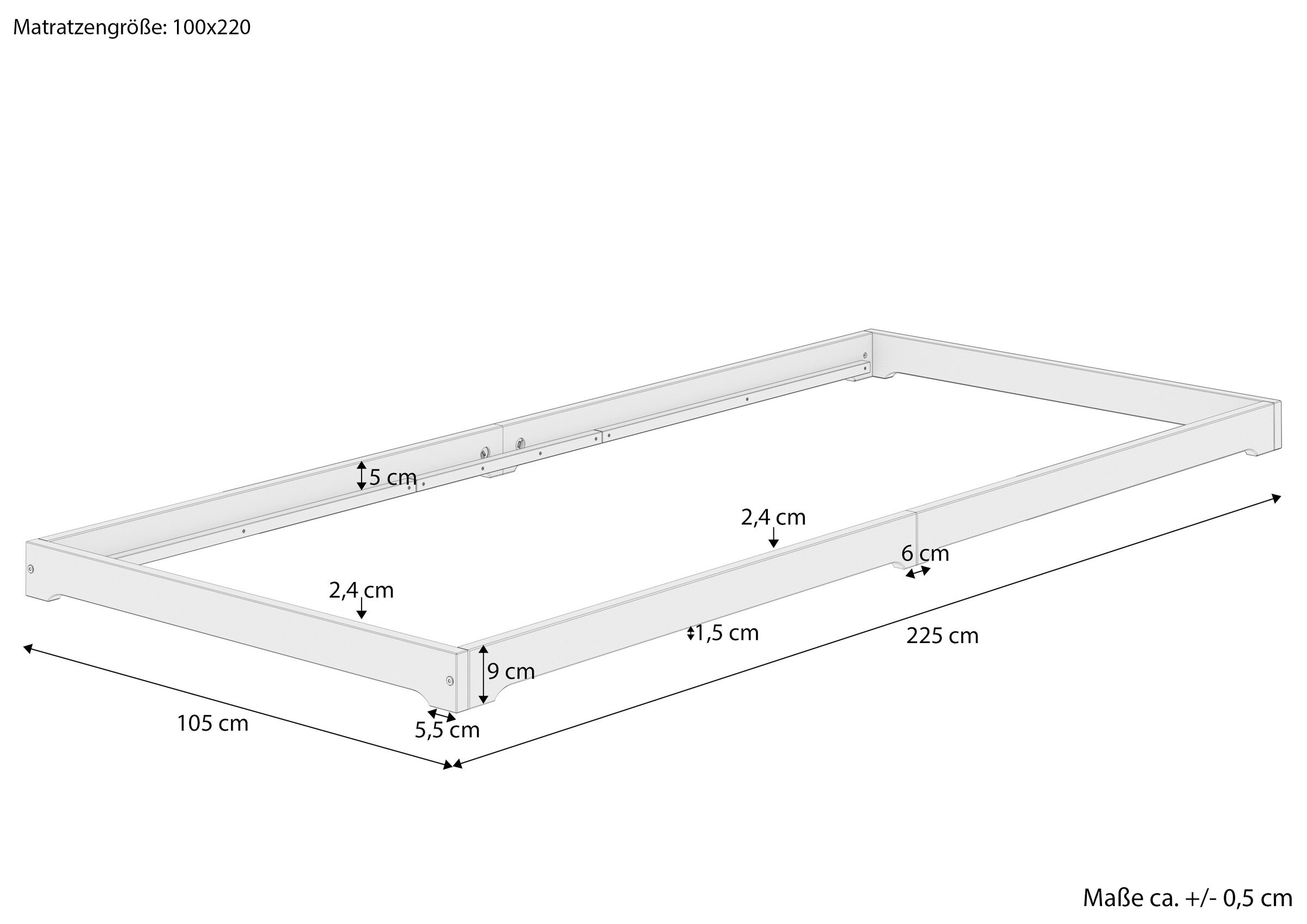 Rahmenbett, Lattenrost, Matratze, Schraubenloch, Maße 225x105, Maßskizze des breiteren Einzelbettes in Überlänge