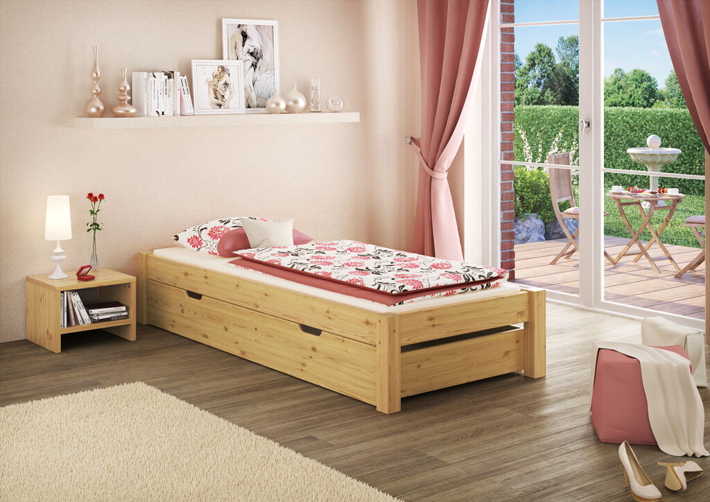 Innenarchitektur, Inneneinrichtung, Bett, Mobiliar, Kissen, Jugendzimmer mit Bett und Bettkasten Kiefer natur