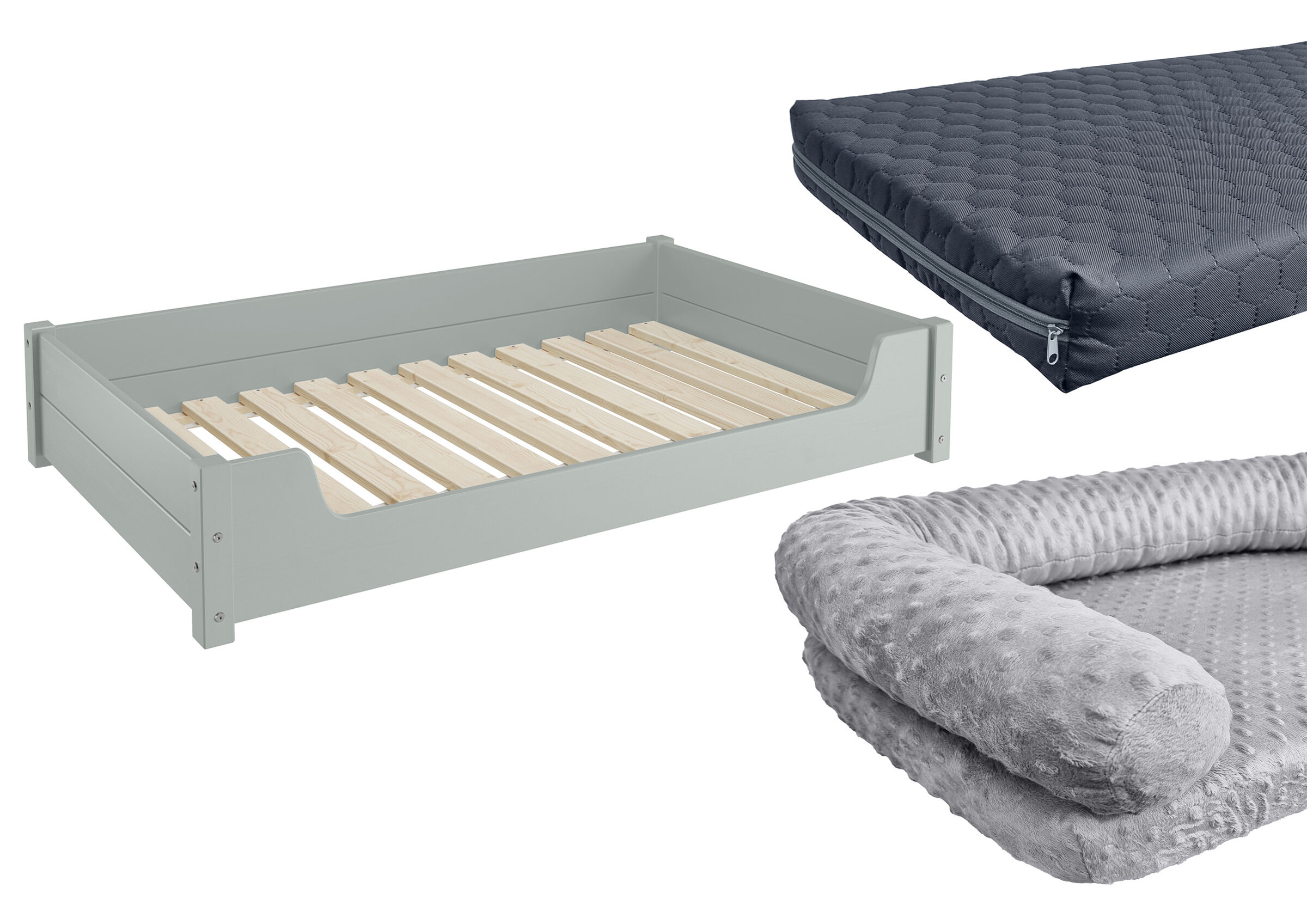 holz, bett, lattenrost, matratze, kissen, Hundebett grau mit Zubehör